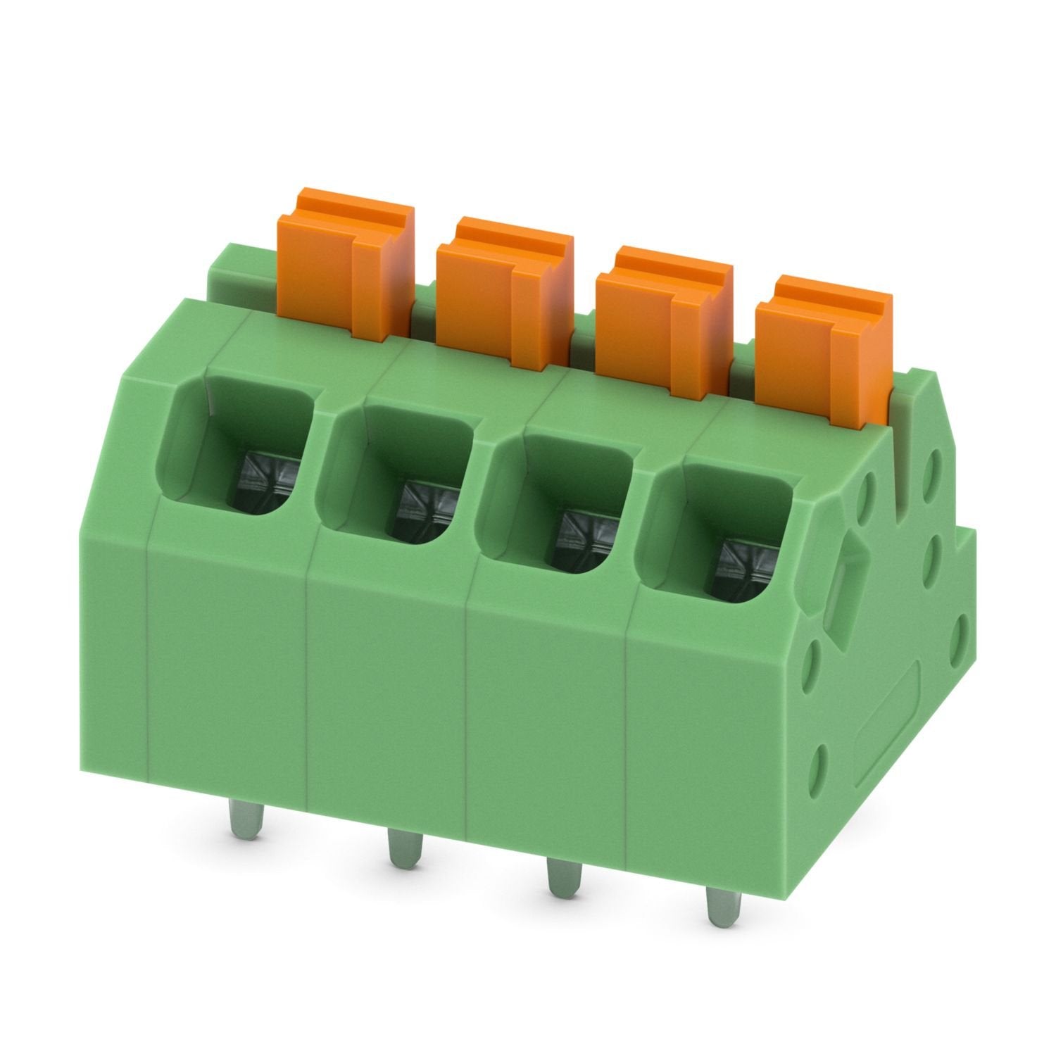 Printed circuit board terminal, nominal current: 16 A, rated voltage (III/2): 160 V, nominal cross section: 1.5 mm 2 , number of potentials: 4, number of rows: 1, number of positions per row: 4, product range: SPTAF 1/..-EL, pitch: 3.5 mm, connection method: Push-in spring connection, mounting: Wave soldering, conductor/PCB connection direction: 45 °, color: green, Pin layout: Linear pinning, Solder pin [P]: 2.6 mm, number of solder pins per potential: 2, type of packaging: packed in cardboard