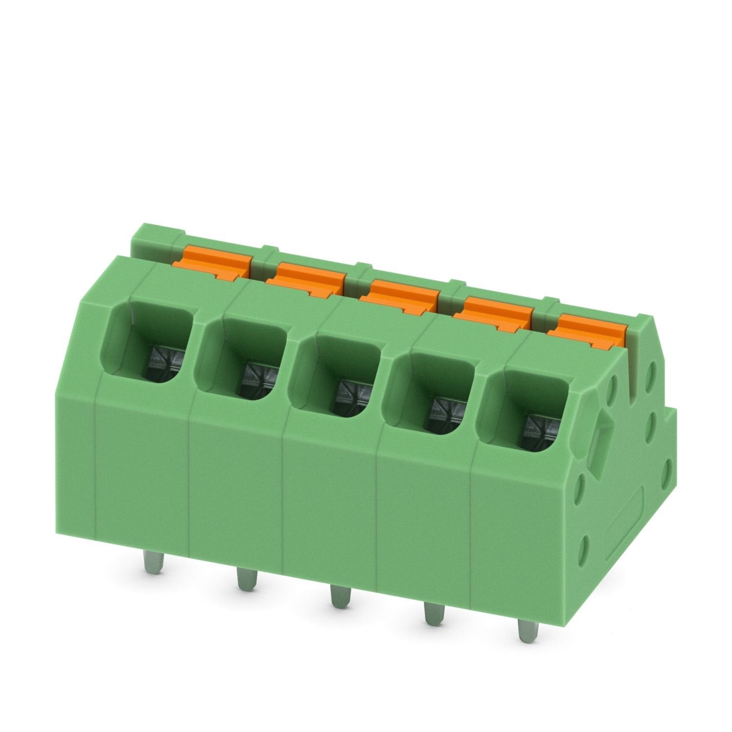 Printed circuit board terminal, nominal current: 16 A, rated voltage (III/2): 160 V, nominal cross section: 1.5 mm 2 , number of potentials: 5, number of rows: 1, number of positions per row: 5, product range: SPTAF 1/..-IL, pitch: 3.5 mm, connection method: Push-in spring connection, mounting: Wave soldering, conductor/PCB connection direction: 45 °, color: green, Pin layout: Linear pinning, Solder pin [P]: 2.6 mm, number of solder pins per potential: 2, type of packaging: packed in cardboard