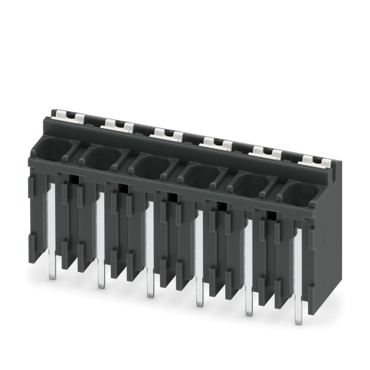 Printed circuit board terminal, nominal current: 17.5 A, rated voltage (III/2): 320 V, nominal cross section: 1.5 mm 2 , number of potentials: 6, number of rows: 1, number of positions per row: 6, product range: SPT 1,5/..-V-THR, pitch: 5.08 mm, connection method: Push-in spring connection, mounting: THR soldering / wave soldering, conductor/PCB connection direction: 90 °, color: black, Pin layout: Linear pinning, Solder pin [P]: 2 mm, number of solder pins per potential: 2, type of packaging: 56 mm wide ta