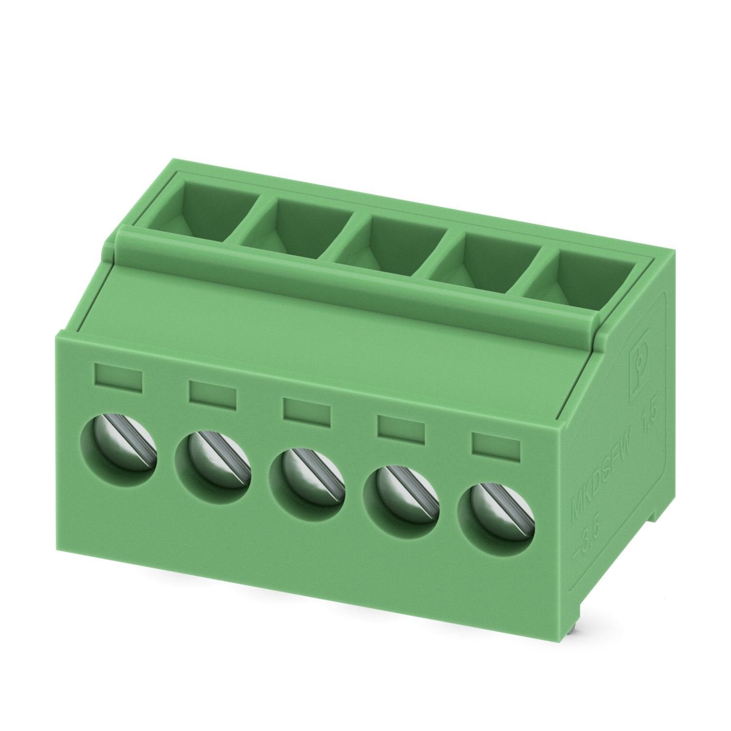 Printed circuit board terminal, nominal current: 12 A, rated voltage (III/2): 160 V, nominal cross section: 1.5 mm 2 , number of potentials: 5, number of rows: 1, number of positions per row: 5, product range: MKDSFW 1,5, pitch: 3.5 mm, connection method: Screw connection with tension sleeve, screw head form: L Slotted, mounting: Wave soldering, conductor/PCB connection direction: 90 °, color: green, Pin layout: Linear pinning, Solder pin [P]: 3.5 mm, number of solder pins per potential: 1, type of packagin