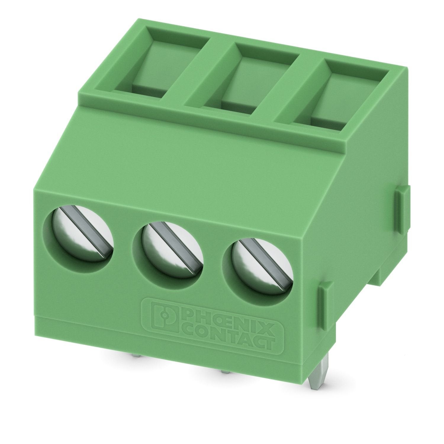 Printed circuit board terminal, nominal current: 17.5 A, rated voltage (III/2): 400 V, nominal cross section: 1.5 mm 2 , number of potentials: 3, number of rows: 1, number of positions per row: 3, product range: MKDSFW 1,5, pitch: 5 mm, connection method: Screw connection with tension sleeve, screw head form: L Slotted, mounting: Wave soldering, conductor/PCB connection direction: 90 °, color: green, Pin layout: Linear pinning, Solder pin [P]: 5 mm, number of solder pins per potential: 1, type of packaging:
