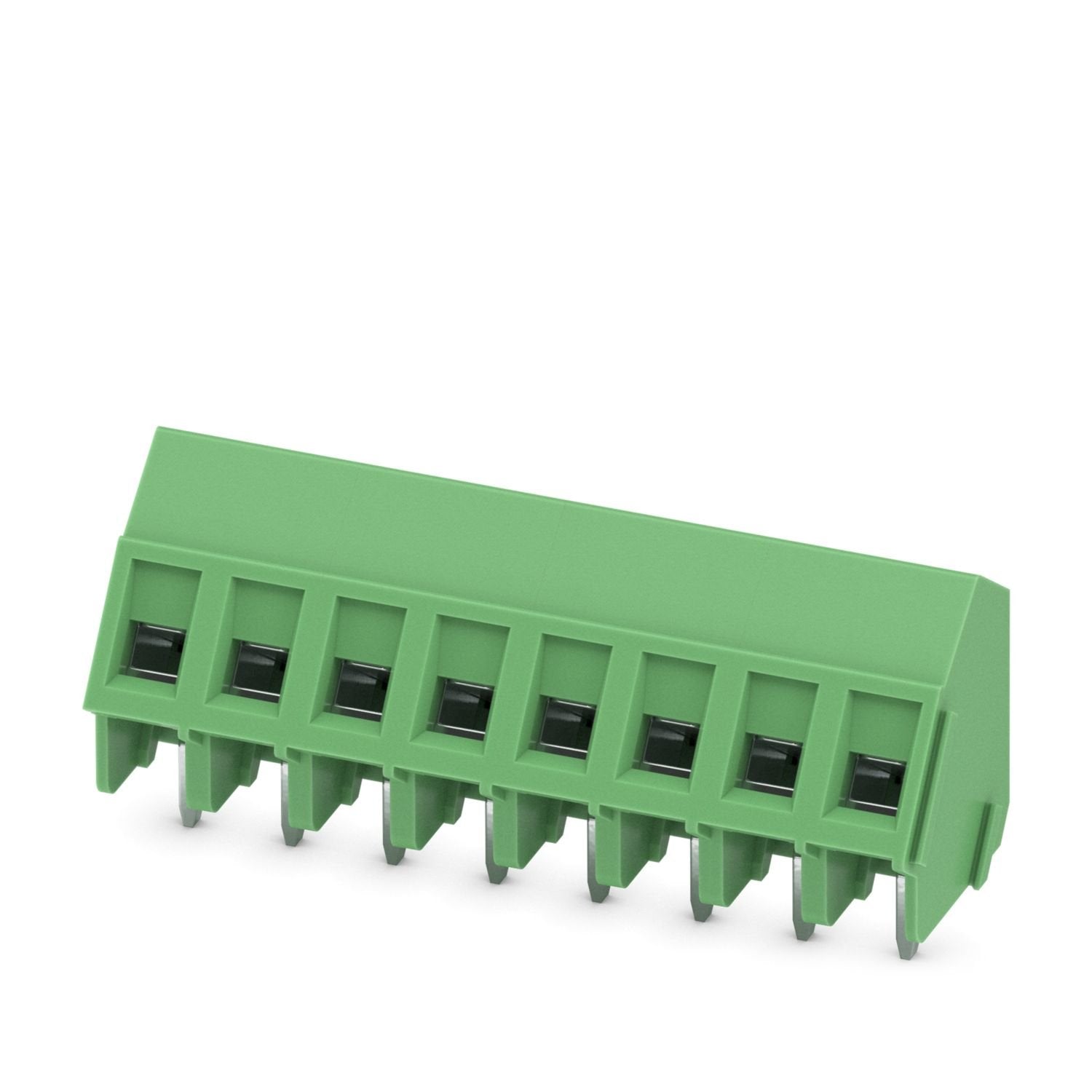 Printed circuit board terminal, nominal current: 17.5 A, rated voltage (III/2): 400 V, nominal cross section: 1.5 mm 2 , number of potentials: 8, number of rows: 1, number of positions per row: 8, product range: SMKDSP 1,5, pitch: 5 mm, connection method: Screw connection with tension sleeve, screw head form: L Slotted, mounting: Wave soldering, conductor/PCB connection direction: 55 °, color: green, Pin layout: Linear pinning, Solder pin [P]: 3.5 mm, number of solder pins per potential: 1, type of packagin