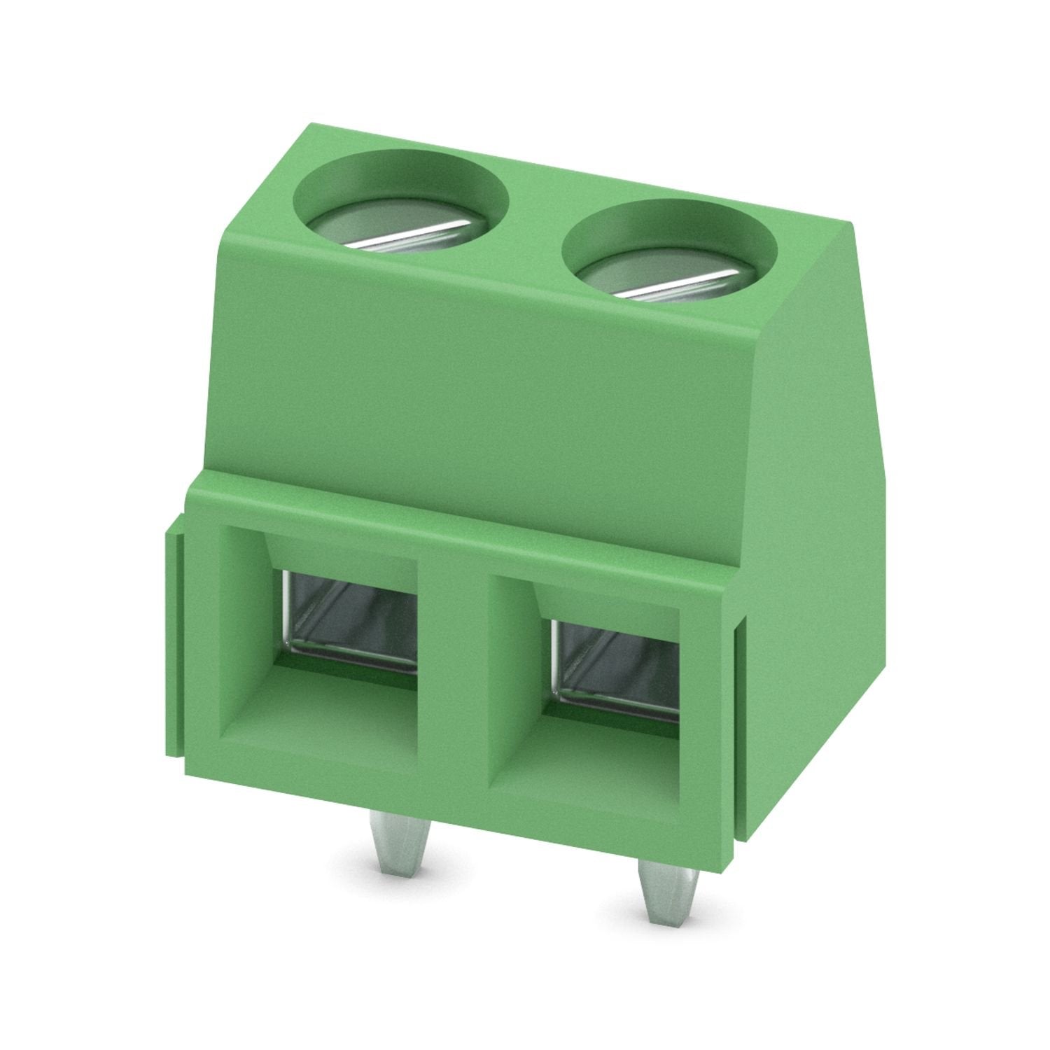 Printed circuit board terminal, nominal current: 17.5 A, rated voltage (III/2): 400 V, nominal cross section: 1.5 mm 2 , number of potentials: 2, number of rows: 1, number of positions per row: 2, product range: MKDSN 1,5, pitch: 5.08 mm, connection method: Screw connection with tension sleeve, screw head form: L Slotted, mounting: Wave soldering, conductor/PCB connection direction: 0 °, color: green, Pin layout: Linear pinning, Solder pin [P]: 3.5 mm, number of solder pins per potential: 1, type of packagi
