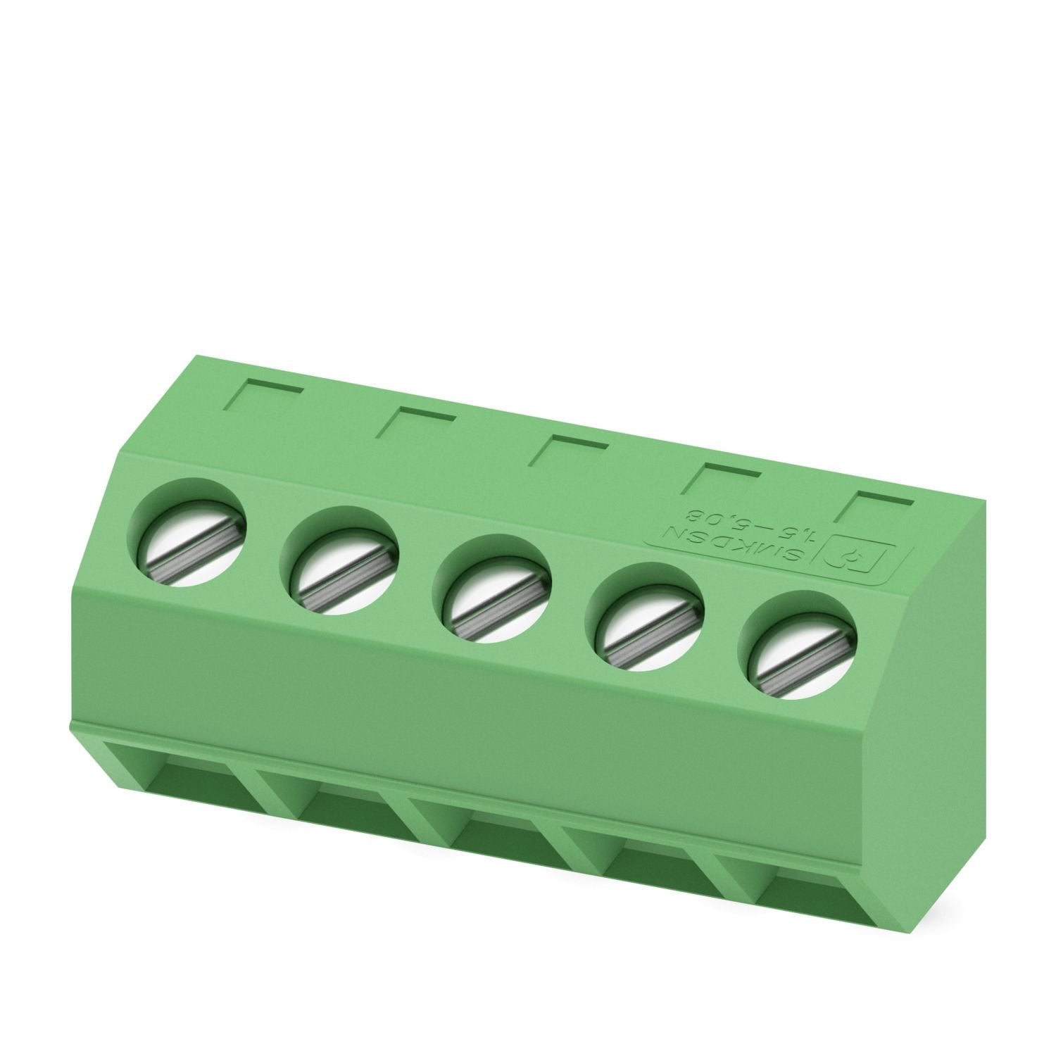 Printed circuit board terminal, nominal current: 12 A, rated voltage (III/2): 400 V, nominal cross section: 1.5 mm 2 , number of potentials: 5, number of rows: 1, number of positions per row: 5, product range: SMKDSNF 1,5, pitch: 5.08 mm, connection method: Screw connection with tension sleeve, screw head form: L Slotted, mounting: Wave soldering, conductor/PCB connection direction: 325 °, color: green, Pin layout: Linear pinning, Solder pin [P]: 3.5 mm, number of solder pins per potential: 1, type of packa