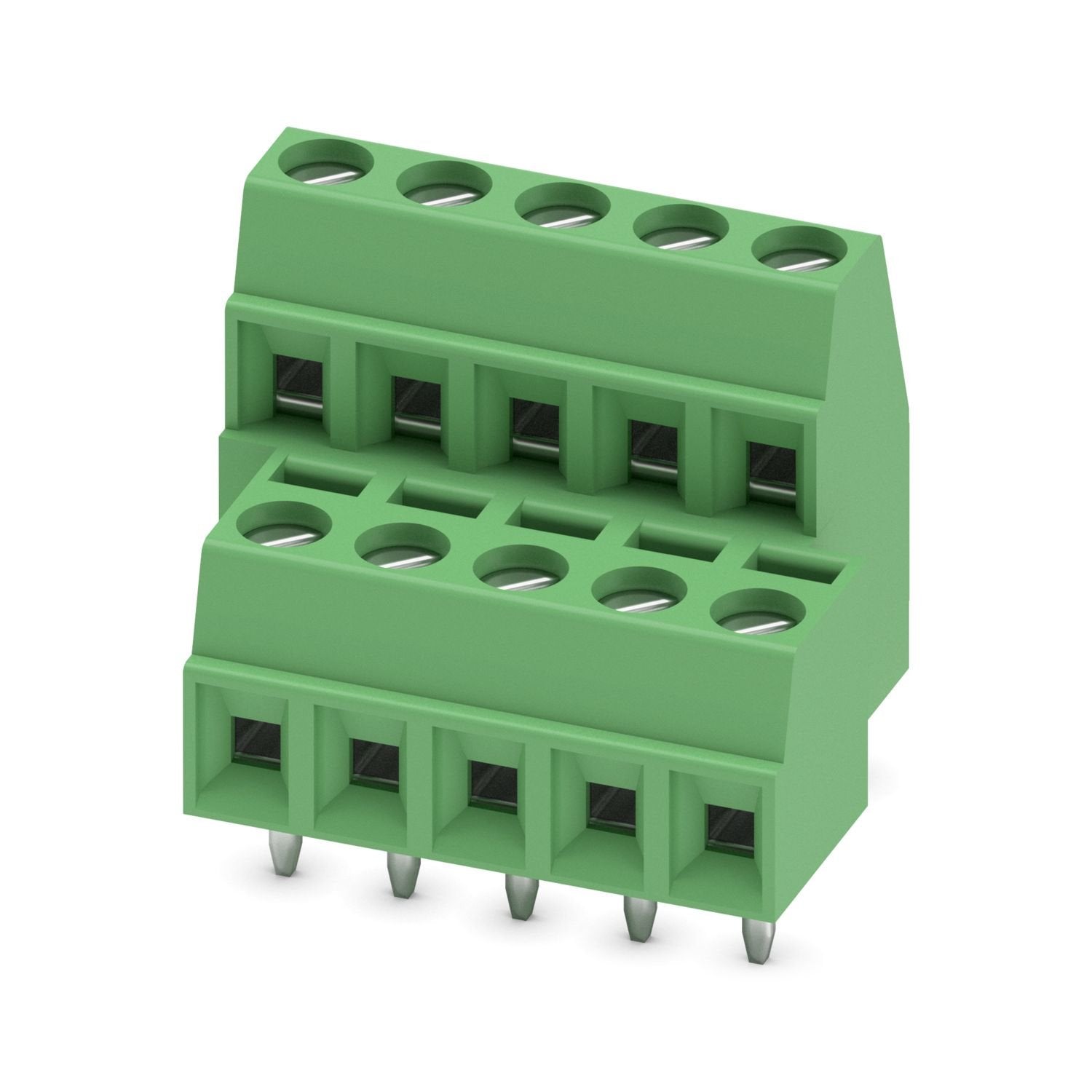 Printed circuit board terminal, nominal current: 8 A, rated voltage (III/2): 200 V, nominal cross section: 1 mm 2 , number of potentials: 10, number of rows: 2, number of positions per row: 5, product range: MKKDS 1, pitch: 3.81 mm, connection method: Screw connection with tension sleeve, screw head form: L Slotted, mounting: Wave soldering, conductor/PCB connection direction: 0 °, color: green, Pin layout: Linear pinning, Solder pin [P]: 3.5 mm, number of solder pins per potential: 1, type of packaging: pa
