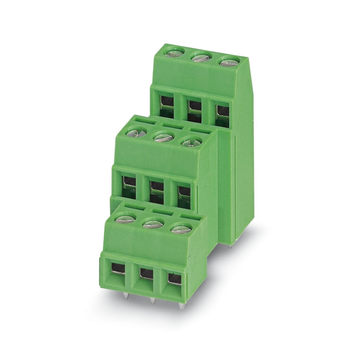 Printed circuit board terminal, nominal current: 10 A, rated voltage (III/2): 400 V, nominal cross section: 1.5 mm 2 , number of potentials: 9, number of rows: 3, number of positions per row: 3, product range: MK3DSN 1,5, pitch: 5.08 mm, connection method: Screw connection with tension sleeve, screw head form: L Slotted, mounting: Wave soldering, conductor/PCB connection direction: 0 °, color: green, Pin layout: Linear pinning, Solder pin [P]: 3.5 mm, number of solder pins per potential: 1, type of packagin