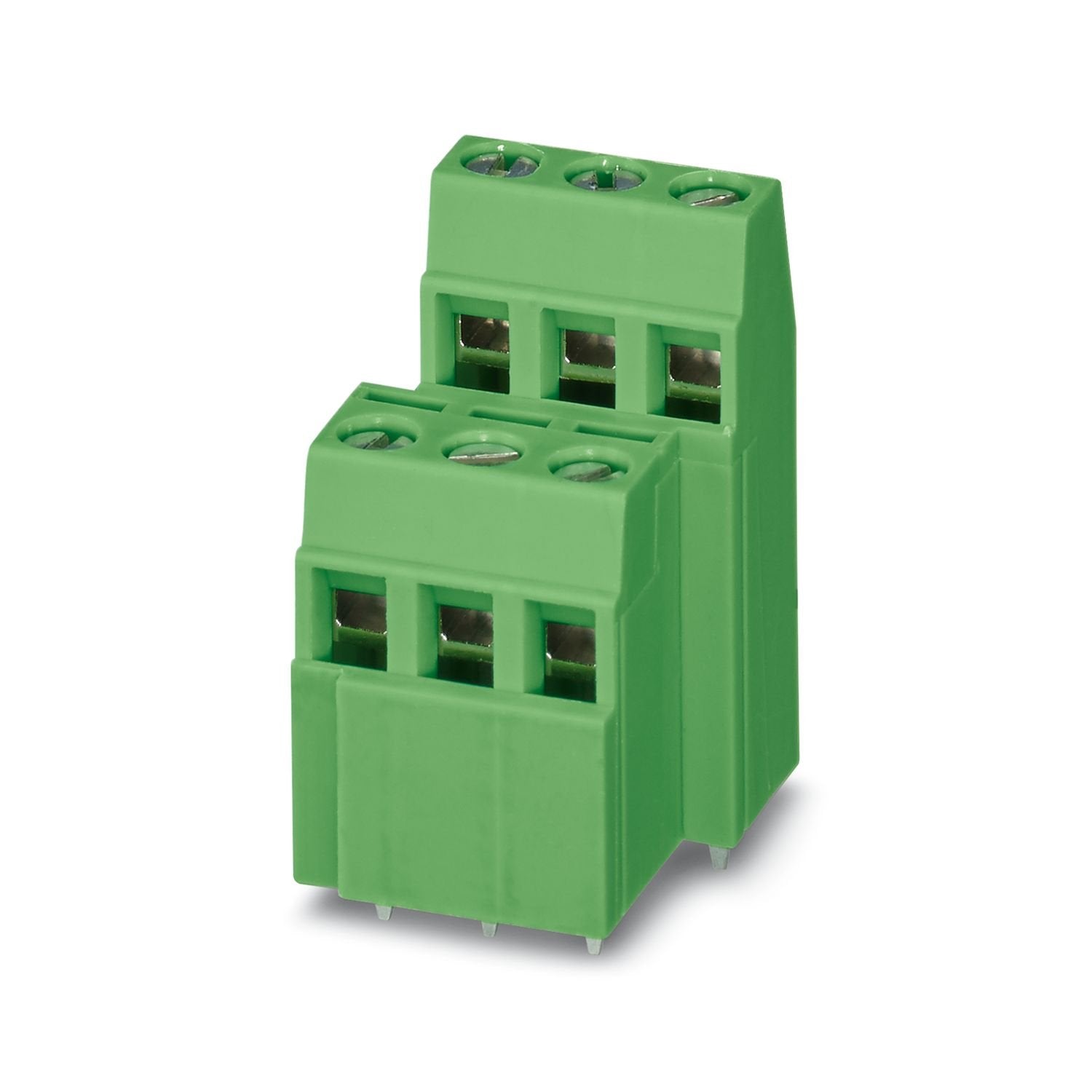 Printed circuit board terminal, nominal current: 10 A, rated voltage (III/2): 400 V, nominal cross section: 1.5 mm 2 , number of potentials: 6, number of rows: 2, number of positions per row: 3, product range: MK3DSNMH 1,5, pitch: 5.08 mm, connection method: Screw connection with tension sleeve, screw head form: L Slotted, mounting: Wave soldering, conductor/PCB connection direction: 0 °, color: green, Pin layout: Linear pinning, Solder pin [P]: 3.5 mm, number of solder pins per potential: 1, type of packag