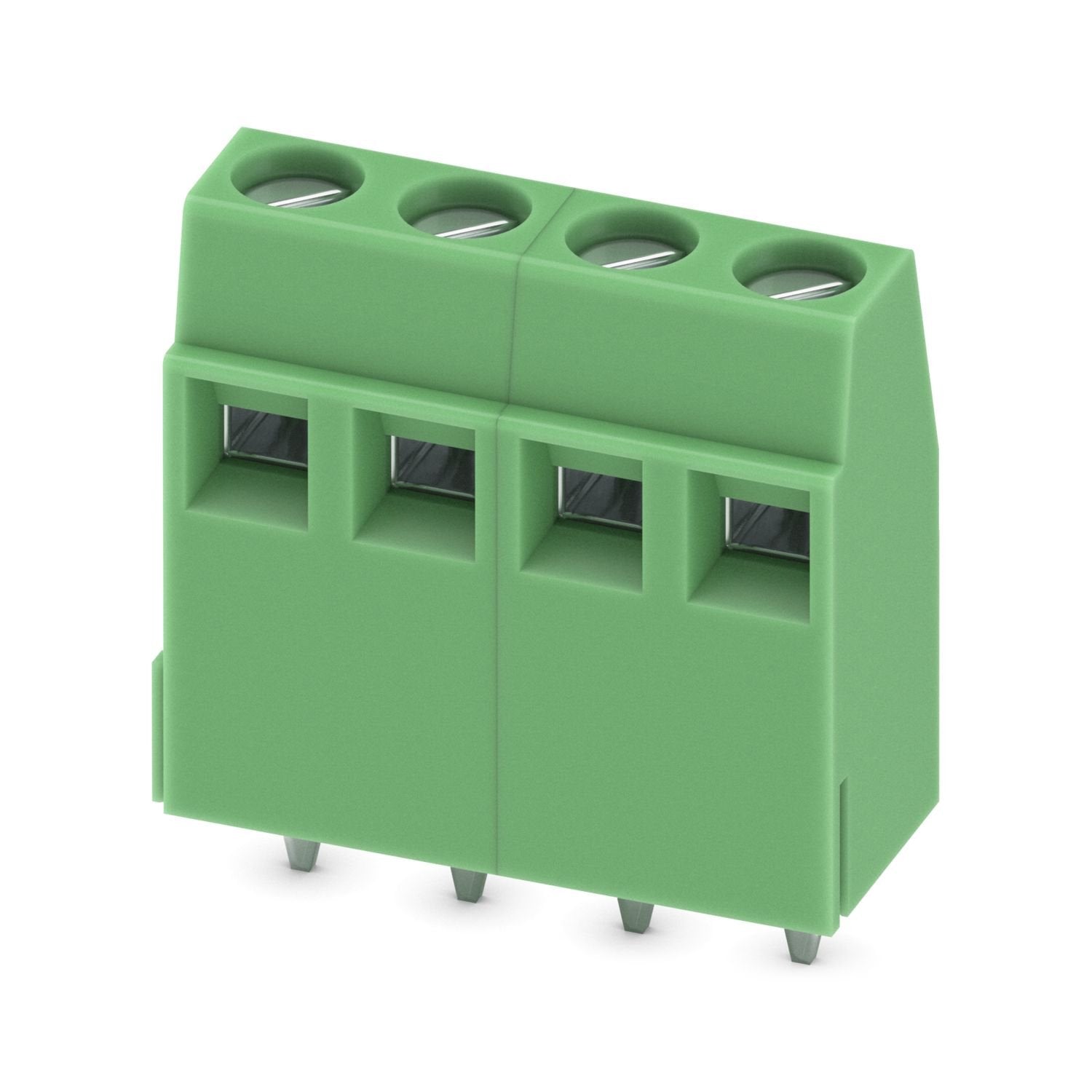 Printed circuit board terminal, nominal current: 13.5 A, rated voltage (III/2): 400 V, nominal cross section: 1.5 mm 2 , number of potentials: 4, number of rows: 1, number of positions per row: 4, product range: MKKDSNH 1,5, pitch: 5.08 mm, connection method: Screw connection with tension sleeve, screw head form: L Slotted, mounting: Wave soldering, conductor/PCB connection direction: 0 °, color: green, Pin layout: Linear pinning, Solder pin [P]: 3.5 mm, number of solder pins per potential: 1, type of packa