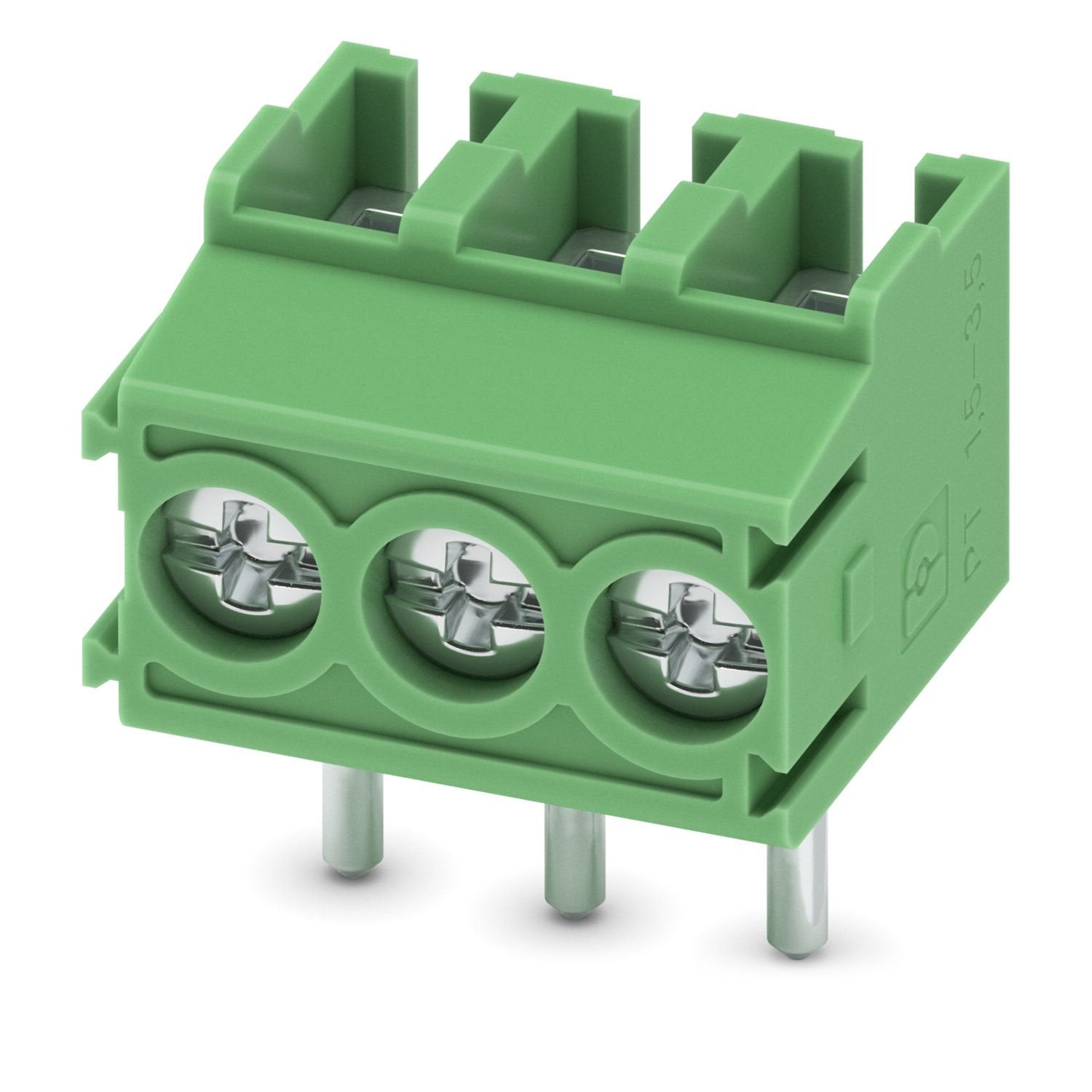 Printed circuit board terminal, nominal current: 17.5 A, rated voltage (III/2): 200 V, nominal cross section: 1.5 mm 2 , number of potentials: 3, number of rows: 1, number of positions per row: 3, product range: PT 1,5/..-V, pitch: 3.5 mm, connection method: Screw connection with wire protector, mounting: Wave soldering, conductor/PCB connection direction: 90 °, color: green, Pin layout: Linear pinning, Solder pin [P]: 4.5 mm, number of solder pins per potential: 1, type of packaging: packed in cardboard