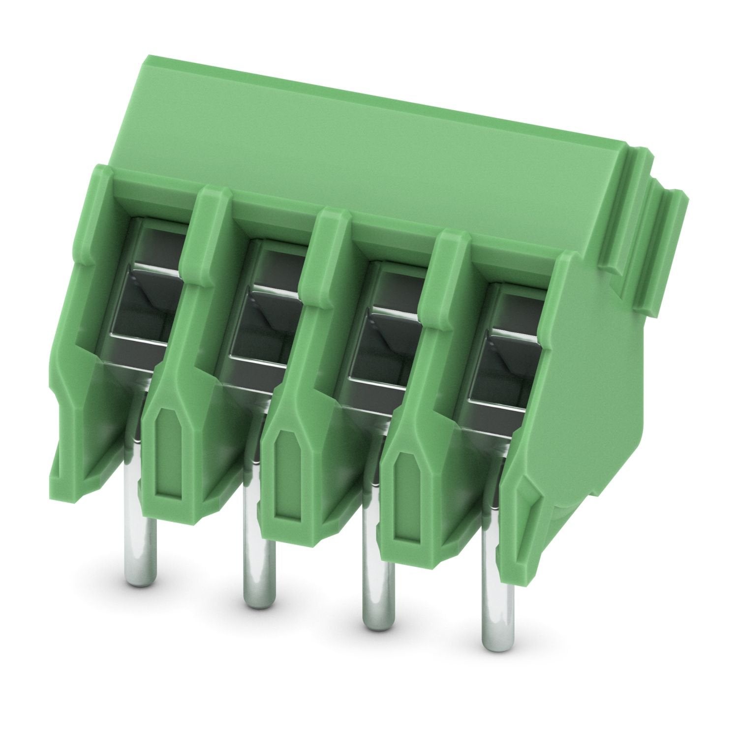 Printed circuit board terminal, nominal current: 17.5 A, rated voltage (III/2): 200 V, nominal cross section: 1.5 mm 2 , number of potentials: 4, number of rows: 1, number of positions per row: 4, product range: PTA 1,5, pitch: 3.5 mm, connection method: Screw connection with wire protector, mounting: Wave soldering, conductor/PCB connection direction: 45 °, color: green, Pin layout: Linear front pinning, Solder pin [P]: 2.8 mm, number of solder pins per potential: 1, type of packaging: packed in cardboard
