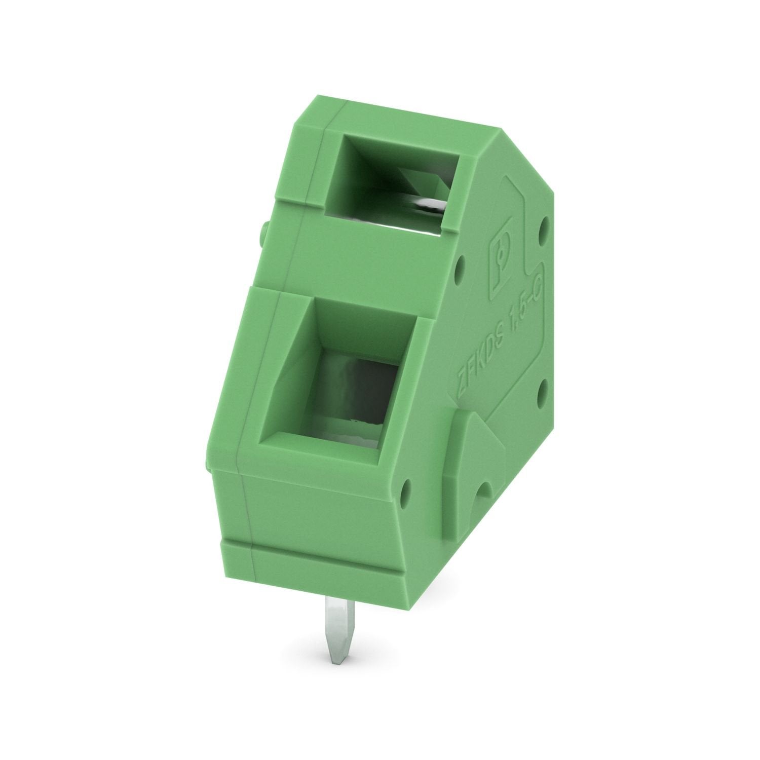 Printed circuit board terminal, nominal current: 16 A, nominal cross section: 1.5 mm 2 , number of potentials: 1, number of rows: 1, number of positions per row: 1, product range: ZFKDS(A) 1,5C-EX, pitch: 5 mm, connection method: Spring-cage connection, mounting: Wave soldering, conductor/PCB connection direction: 45 °, color: green, Pin layout: Linear pinning, Solder pin [P]: 3.5 mm, number of solder pins per potential: 2, type of packaging: packed in cardboard. End terminal block for terminating custom-gr