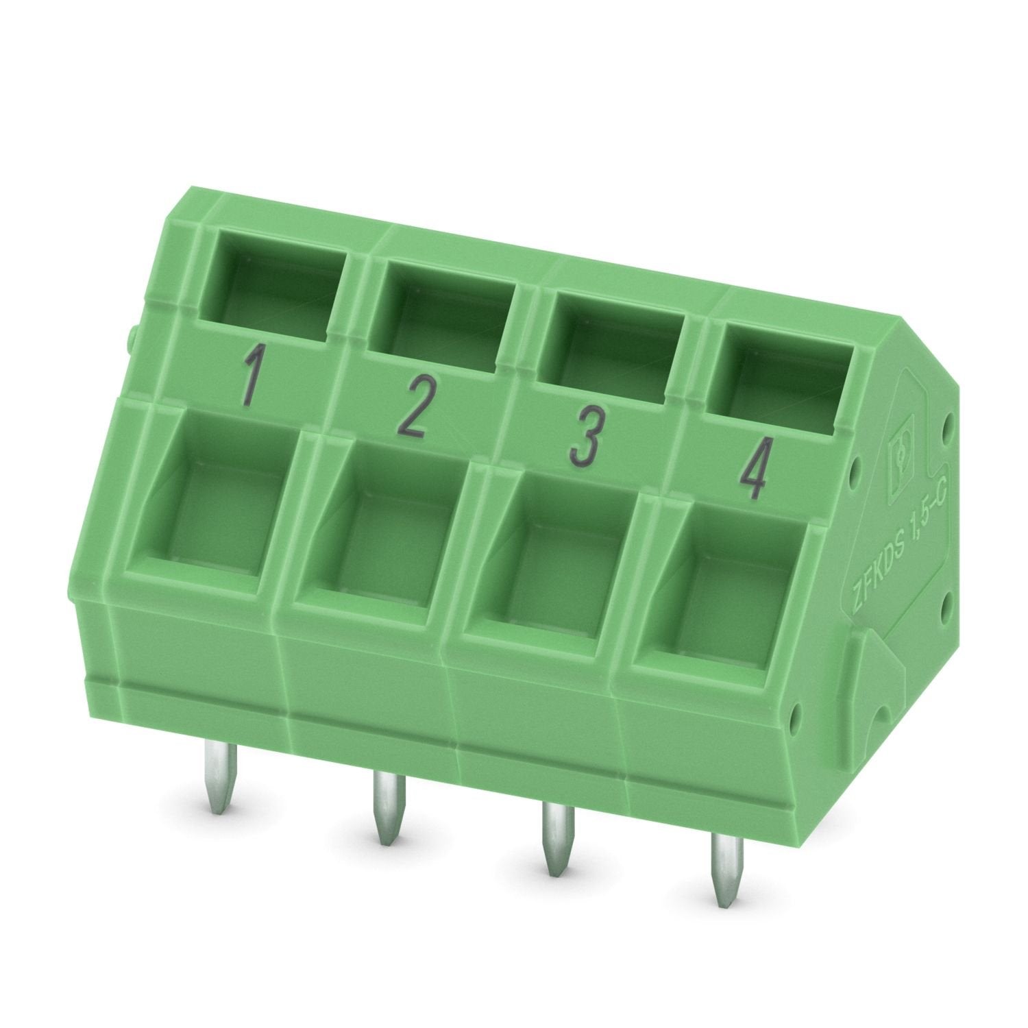Printed circuit board terminal, nominal current: 16 A, nominal cross section: 1.5 mm 2 , number of potentials: 4, number of rows: 1, number of positions per row: 4, product range: ZFKDS(A) 1,5C-EX PROFINET, pitch: 5 mm, connection method: Spring-cage connection, mounting: Wave soldering, conductor/PCB connection direction: 45 °, color: green, Pin layout: Linear pinning, Solder pin [P]: 3.5 mm, number of solder pins per potential: 2, type of packaging: packed in cardboard. PCB terminal block satisfies the re
