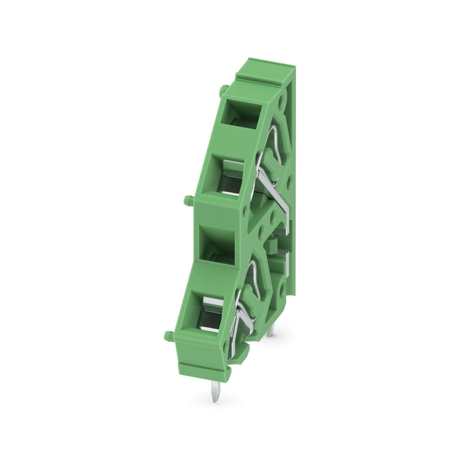 Printed circuit board terminal, nominal current: 16 A, rated voltage (III/2): 400 V, nominal cross section: 1.5 mm 2 , number of potentials: 2, number of rows: 2, number of positions per row: 1, product range: ZFKKDS(A) 1,5C, pitch: 5 mm, connection method: Spring-cage connection, mounting: Wave soldering, conductor/PCB connection direction: 45 °, color: green, Pin layout: Linear pinning, Solder pin [P]: 3.7 mm, number of solder pins per potential: 1, type of packaging: packed in cardboard. Single module fo