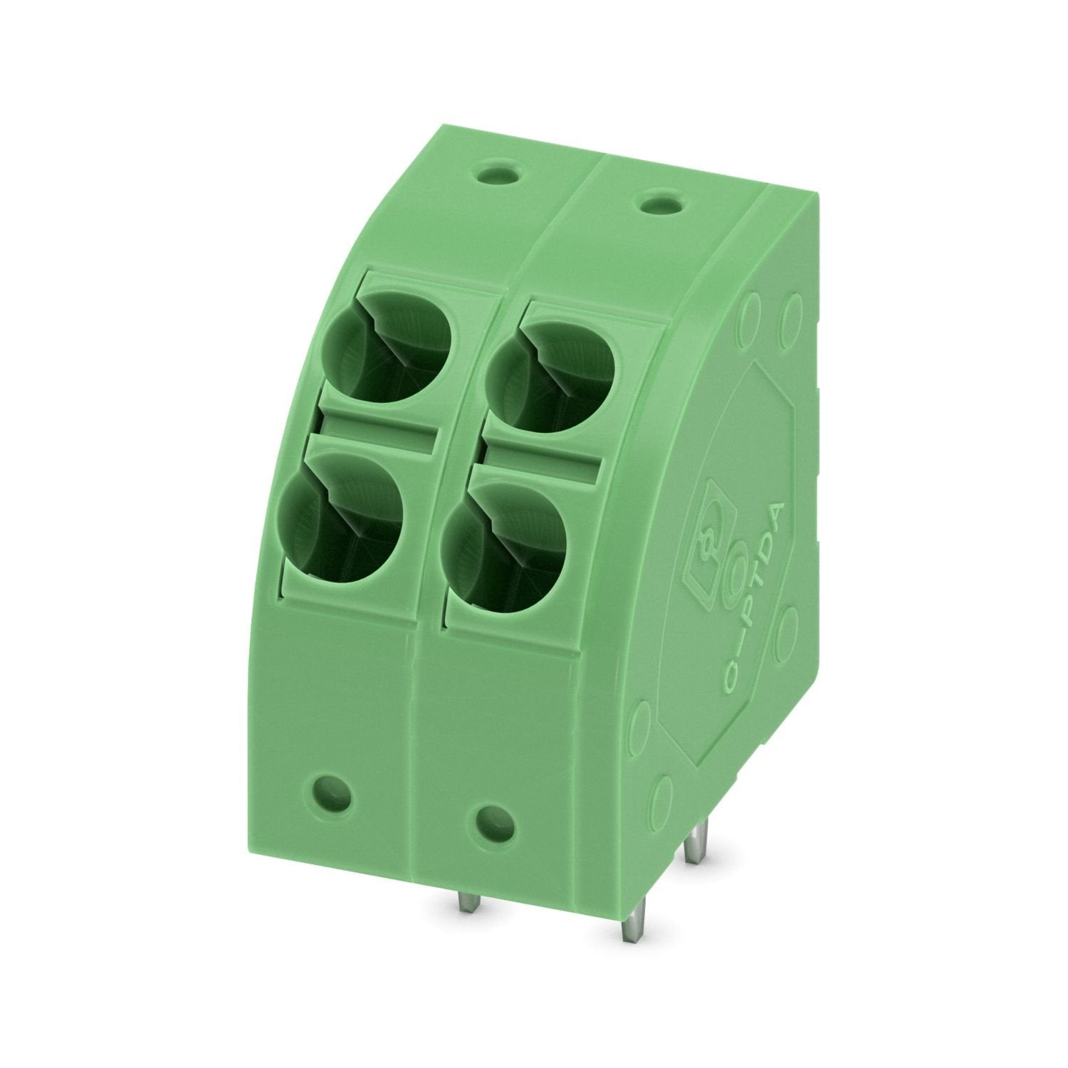 Printed circuit board terminal, nominal current: 24 A, rated voltage (III/2): 400 V, nominal cross section: 2.5 mm 2 , number of potentials: 2, number of rows: 1, number of positions per row: 2, product range: PTDA 2,5/, pitch: 5 mm, connection method: Push-in spring connection, mounting: Wave soldering, conductor/PCB connection direction: 45 °, color: green, Pin layout: Linear pinning, Solder pin [P]: 3.5 mm, number of solder pins per potential: 2, type of packaging: packed in cardboard