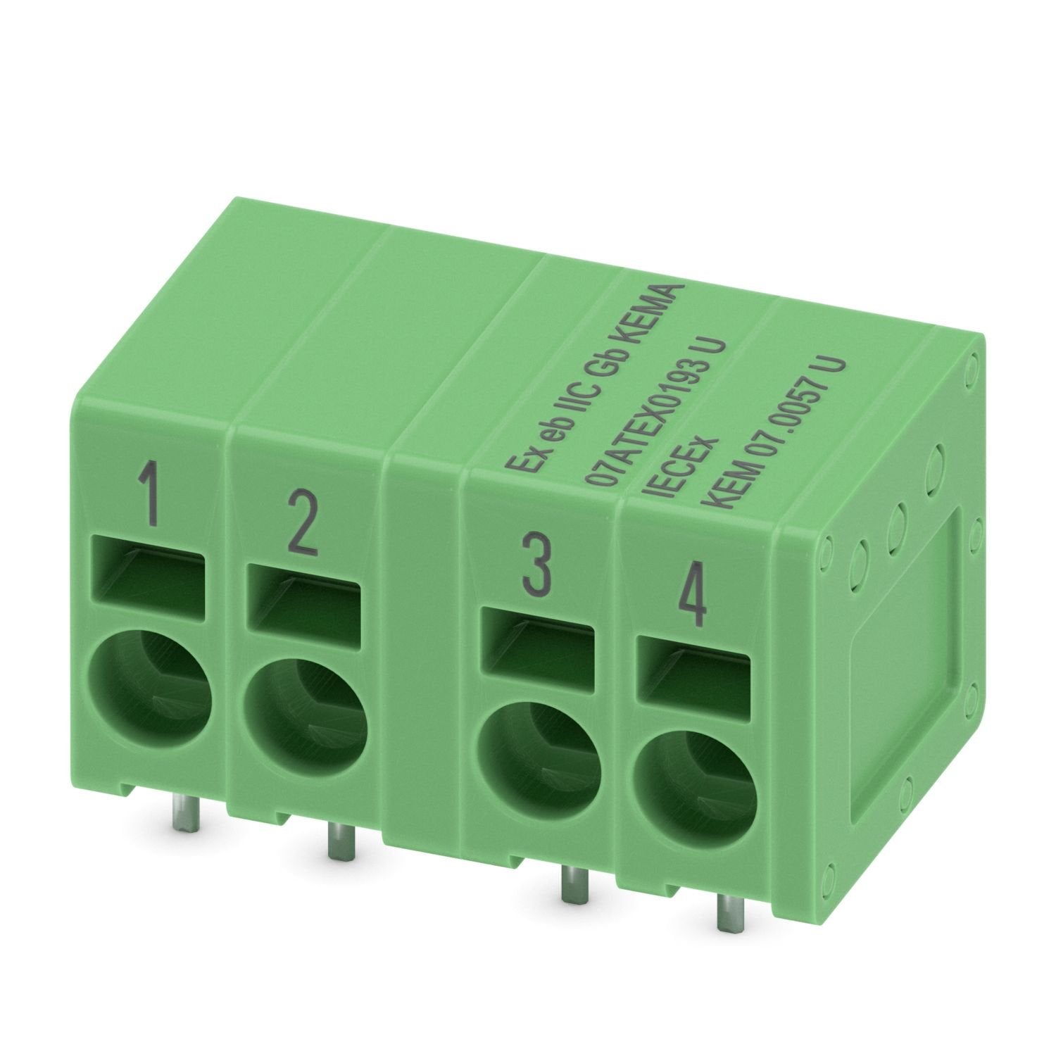 Printed circuit board terminal, nominal current: 23 A, nominal cross section: 2.5 mm 2 , number of potentials: 4, number of rows: 1, number of positions per row: 4, product range: SPT 2,5/..-H-EX PROFINET, pitch: 5 mm, connection method: Push-in spring connection, mounting: Wave soldering, conductor/PCB connection direction: 0 °, color: green, Pin layout: Linear pinning, Solder pin [P]: 2.5 mm, number of solder pins per potential: 2, type of packaging: packed in cardboard. PCB terminal block satisfies the r