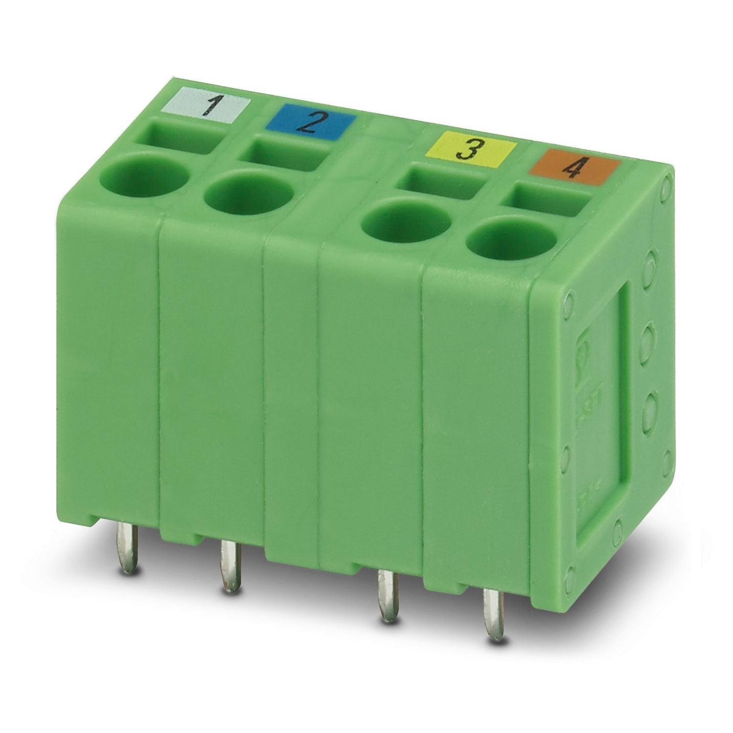Printed circuit board terminal, nominal current: 22 A, nominal cross section: 2.5 mm 2 , number of potentials: 4, number of rows: 1, number of positions per row: 4, product range: SPT 2,5/..-V-EX PROFINET, pitch: 5 mm, connection method: Push-in spring connection, mounting: Wave soldering, conductor/PCB connection direction: 90 °, color: green, Pin layout: Linear pinning, Solder pin [P]: 2.5 mm, number of solder pins per potential: 2, type of packaging: packed in cardboard. PCB terminal block satisfies the 
