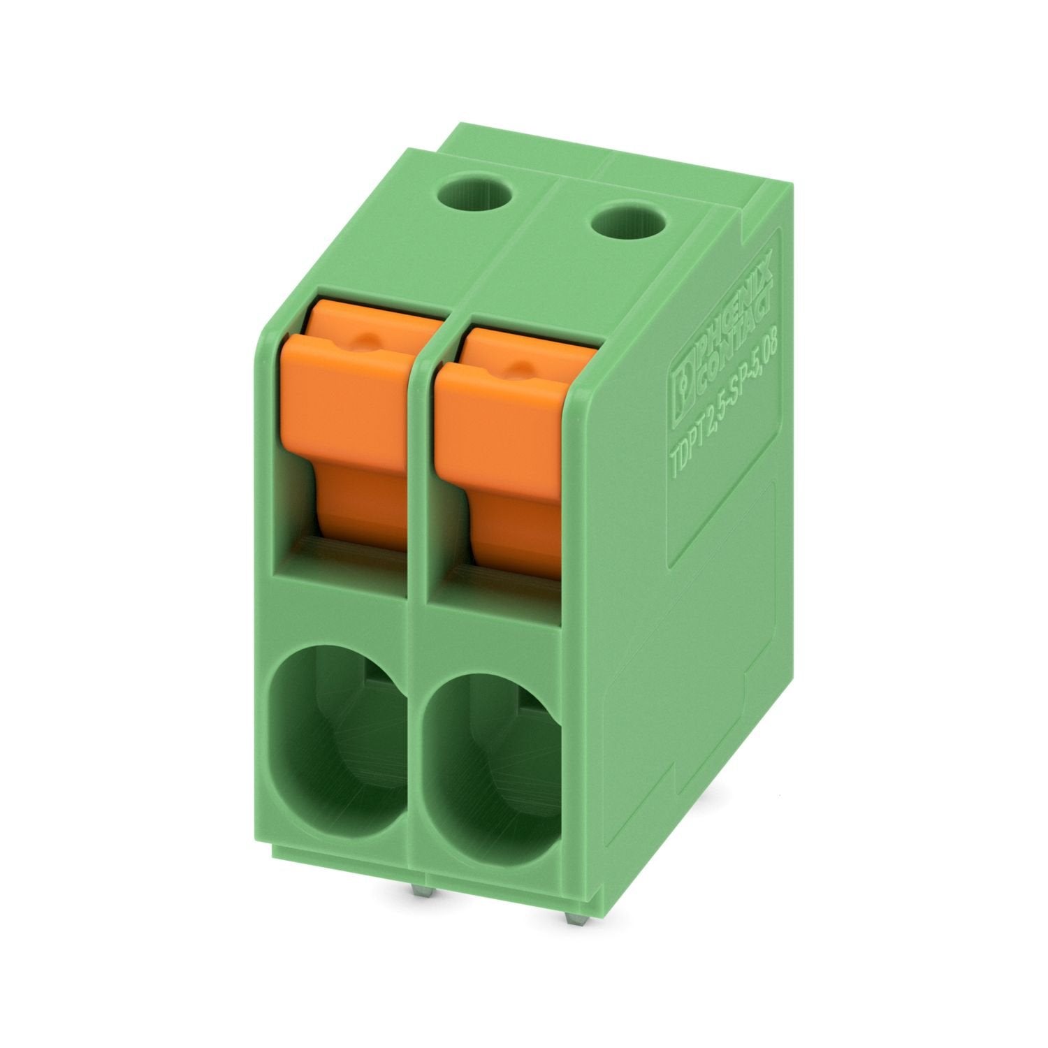 Printed circuit board terminal, nominal current: 32 A, rated voltage (III/2): 400 V, nominal cross section: 2.5 mm 2 , number of potentials: 2, number of rows: 1, number of positions per row: 2, product range: TDPT 2,5/..-SP, pitch: 5.08 mm, connection method: Push-in spring connection, mounting: Wave soldering, conductor/PCB connection direction: 0 °, color: green, Pin layout: Linear pinning, Solder pin [P]: 3.5 mm, number of solder pins per potential: 2, type of packaging: packed in cardboard