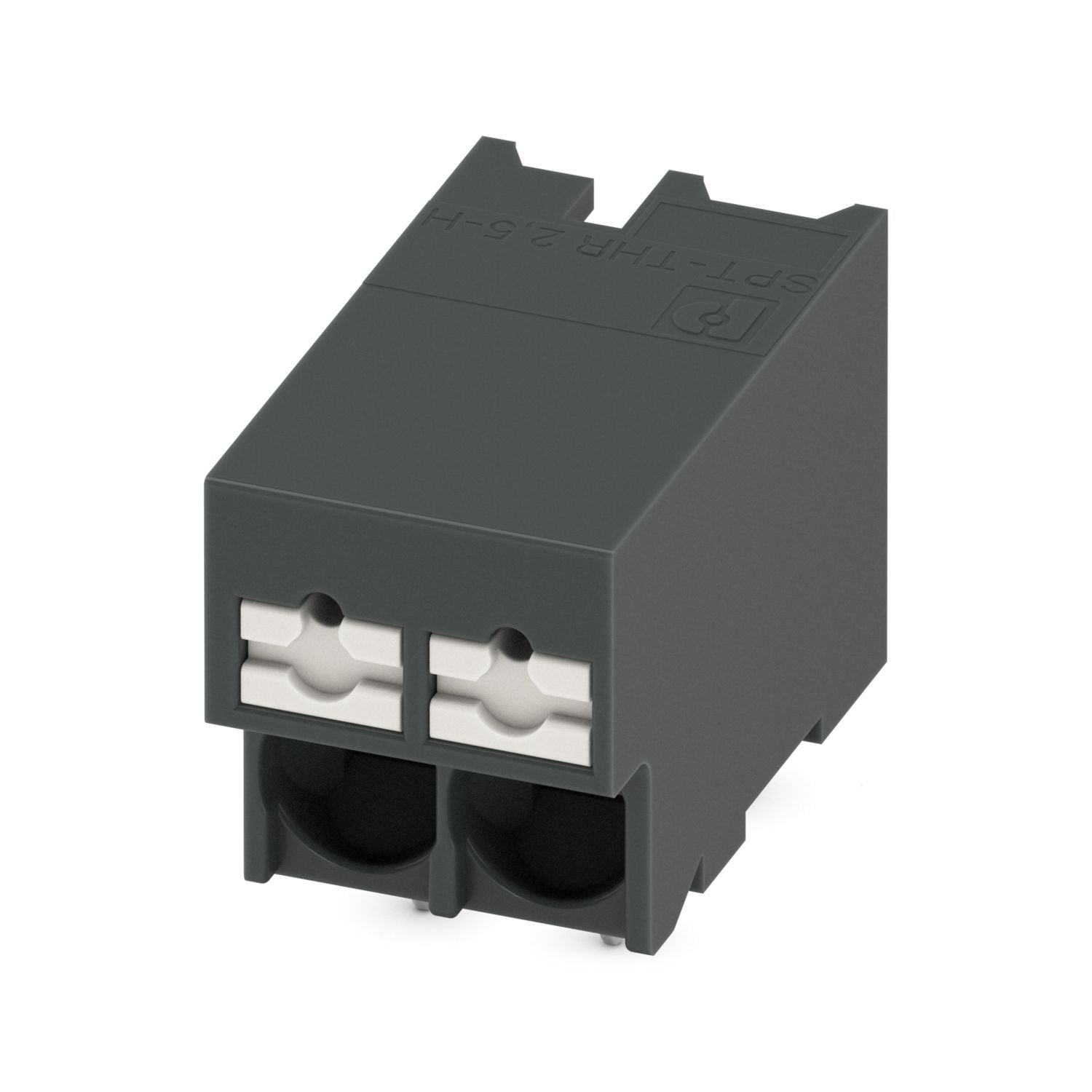 Printed circuit board terminal, nominal current: 32 A, rated voltage (III/2): 400 V, nominal cross section: 4 mm 2 , number of potentials: 2, number of rows: 1, number of positions per row: 2, product range: SPT 2,5/..-H-THR, pitch: 5 mm, connection method: Push-in spring connection, mounting: THR soldering / wave soldering, conductor/PCB connection direction: 0 °, color: black, Pin layout: Linear pinning, Solder pin [P]: 2.6 mm, number of solder pins per potential: 2, type of packaging: packed in cardboard