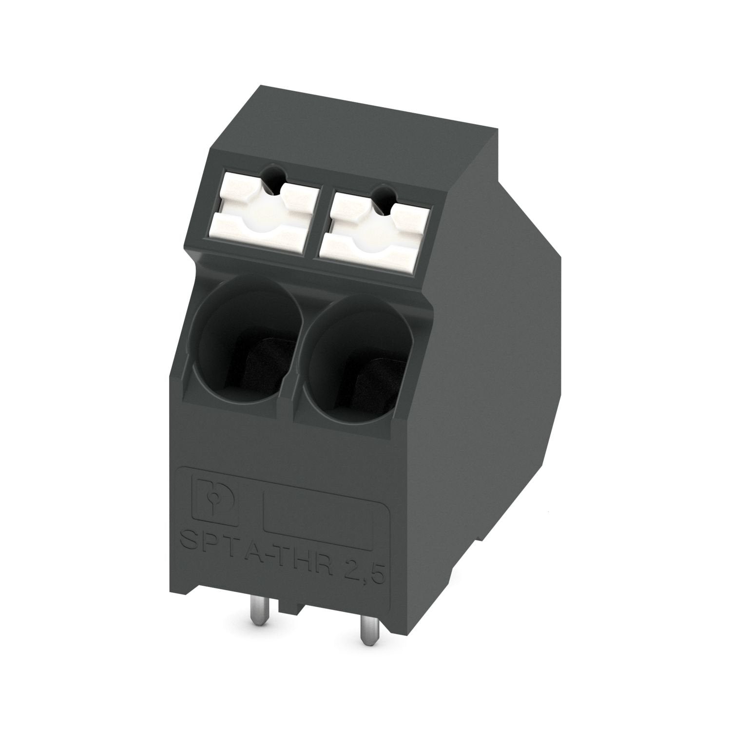 Printed circuit board terminal, nominal current: 32 A, rated voltage (III/2): 400 V, nominal cross section: 4 mm 2 , number of rows: 1, number of positions per row: 2, product range: SPTA 2,5/..-THR, pitch: 5 mm, connection method: Push-in spring connection, mounting: THR soldering / wave soldering, conductor/PCB connection direction: 45 °, color: black, Pin layout: Linear pinning, Solder pin [P]: 2.6 mm, number of solder pins per potential: 2, type of packaging: packed in cardboard