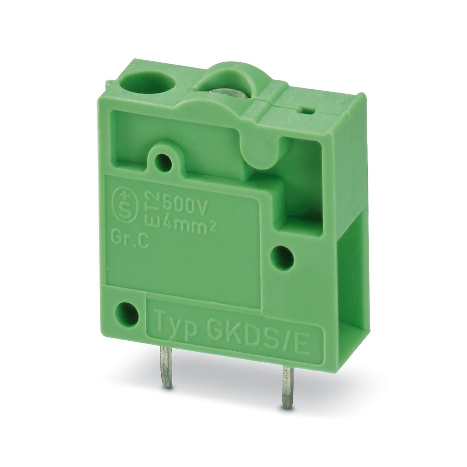 Printed circuit board terminal, nominal current: 24 A, rated voltage (III/2): 630 V, nominal cross section: 2.5 mm 2 , number of potentials: 1, number of rows: 1, number of positions per row: 1, product range: GKDS/E, pitch: 7.5 mm, connection method: Screw connection with tension sleeve, screw head form: L Slotted, mounting: Wave soldering, conductor/PCB connection direction: 0 °, color: green, Pin layout: Linear pinning, Solder pin [P]: 5 mm, number of solder pins per potential: 2, type of packaging: pack