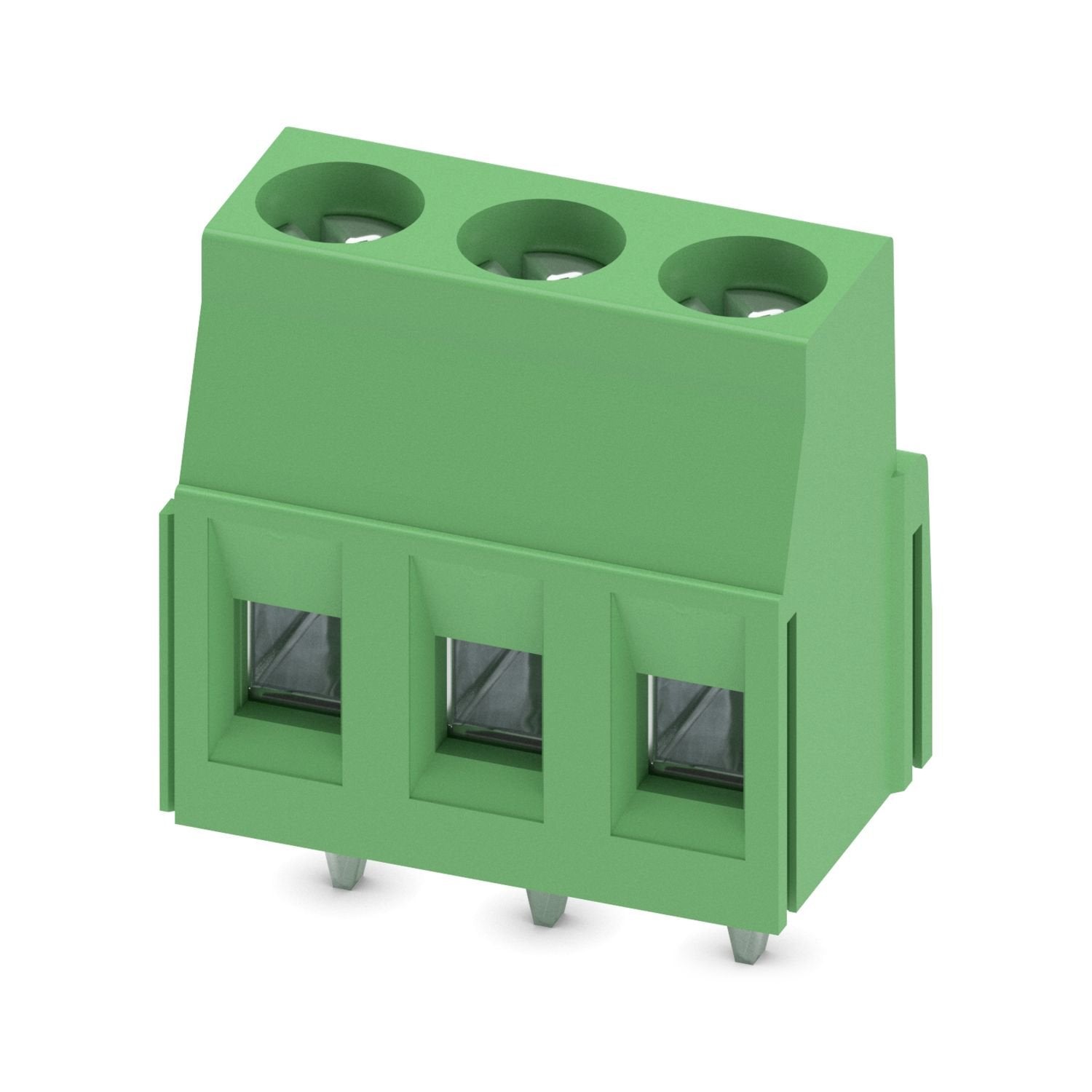 Printed circuit board terminal, nominal current: 24 A, rated voltage (III/2): 400 V, nominal cross section: 2.5 mm 2 , number of potentials: 3, number of rows: 1, number of positions per row: 3, product range: MKDSN 2,5, pitch: 5.08 mm, connection method: Screw connection with tension sleeve, screw head form: H1L Slotted Phillips recess, mounting: Wave soldering, conductor/PCB connection direction: 0 °, color: green, Pin layout: Linear pinning, Solder pin [P]: 3.5 mm, number of solder pins per potential: 1,