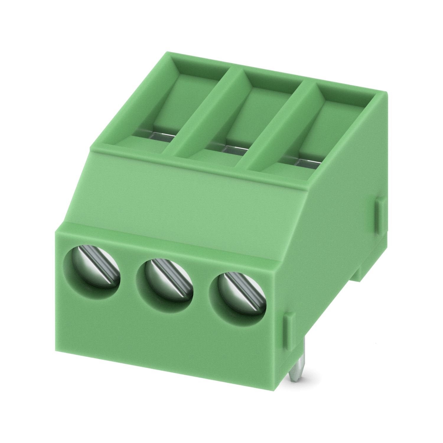 Printed circuit board terminal, nominal current: 24 A, rated voltage (III/2): 400 V, nominal cross section: 2.5 mm 2 , number of potentials: 3, number of rows: 1, number of positions per row: 3, product range: MKDSFW 3, pitch: 5 mm, connection method: Screw connection with tension sleeve, screw head form: L Slotted, mounting: Wave soldering, conductor/PCB connection direction: 90 °, color: green, Pin layout: Linear pinning, Solder pin [P]: 5 mm, number of solder pins per potential: 1, type of packaging: pac