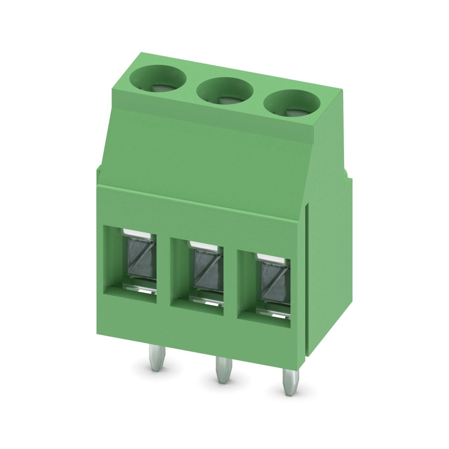 Printed circuit board terminal, nominal current: 24 A, rated voltage (III/2): 400 V, nominal cross section: 2.5 mm 2 , number of potentials: 3, number of rows: 1, number of positions per row: 3, product range: MKDSP 3, pitch: 5 mm, connection method: Screw connection with tension sleeve, screw head form: L Slotted, mounting: Wave soldering, conductor/PCB connection direction: 0 °, color: green, Pin layout: Linear pinning, Solder pin [P]: 5 mm, number of solder pins per potential: 1, type of packaging: packe