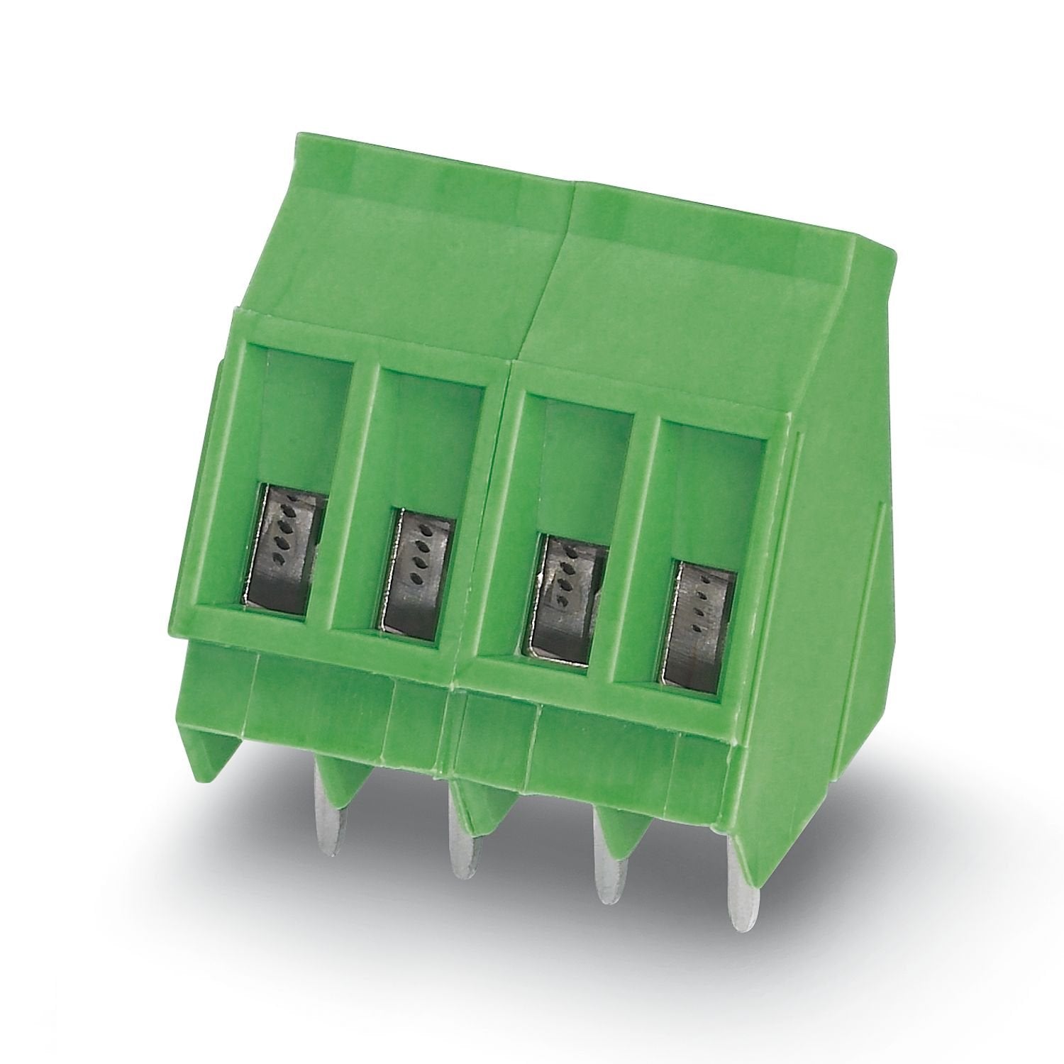 Printed circuit board terminal, nominal current: 24 A, rated voltage (III/2): 400 V, nominal cross section: 2.5 mm 2 , number of potentials: 4, number of rows: 1, number of positions per row: 4, product range: SMKDS 3, pitch: 5.08 mm, connection method: Screw connection with tension sleeve, screw head form: L Slotted, mounting: Wave soldering, conductor/PCB connection direction: 55 °, color: green, Pin layout: Linear pinning, Solder pin [P]: 4.5 mm, number of solder pins per potential: 1, type of packaging: