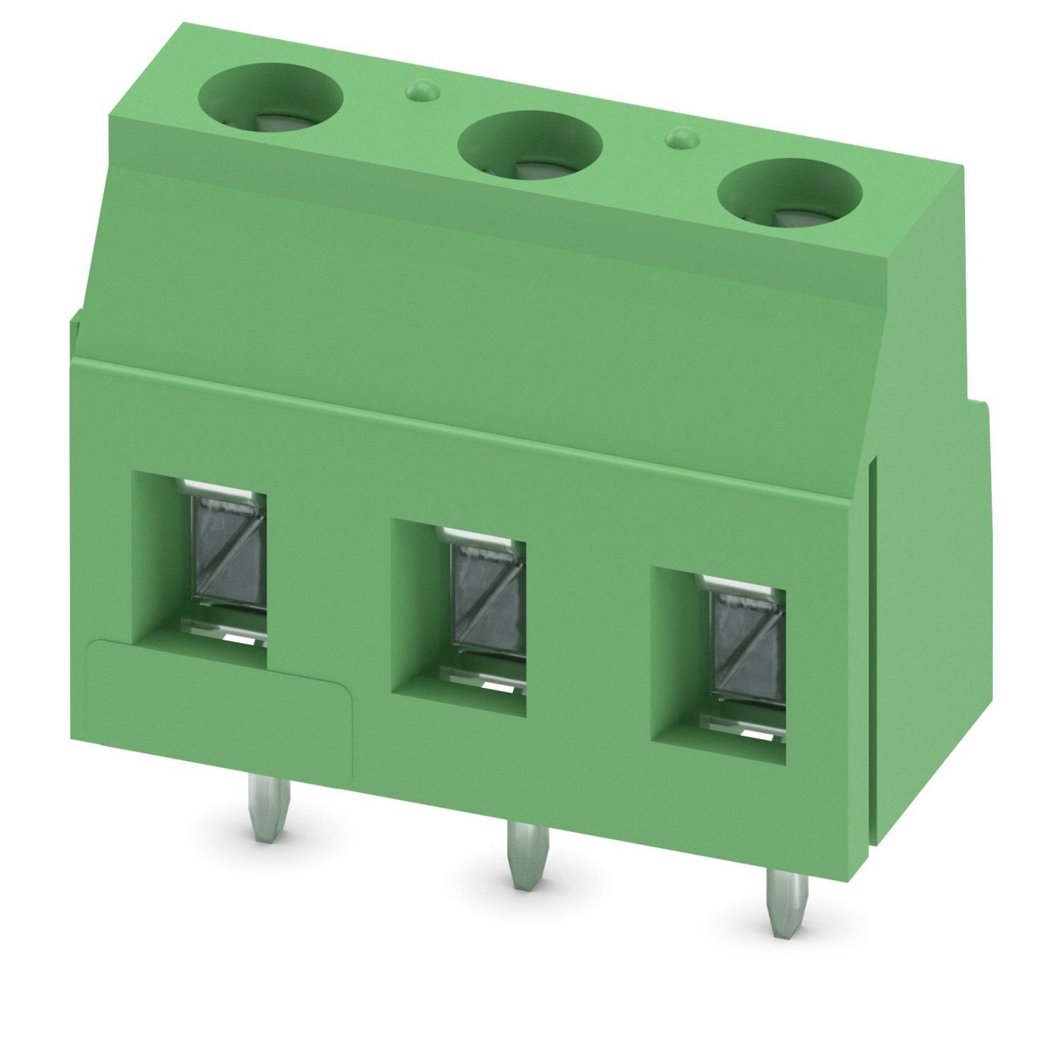 Printed circuit board terminal, nominal current: 24 A, rated voltage (III/2): 630 V, nominal cross section: 2.5 mm 2 , number of potentials: 3, number of rows: 1, number of positions per row: 3, product range: GMKDS 3, pitch: 7.62 mm, connection method: Screw connection with tension sleeve, screw head form: L Slotted, mounting: Wave soldering, conductor/PCB connection direction: 0 °, color: green, Pin layout: Linear pinning, Solder pin [P]: 5 mm, number of solder pins per potential: 1, type of packaging: pa