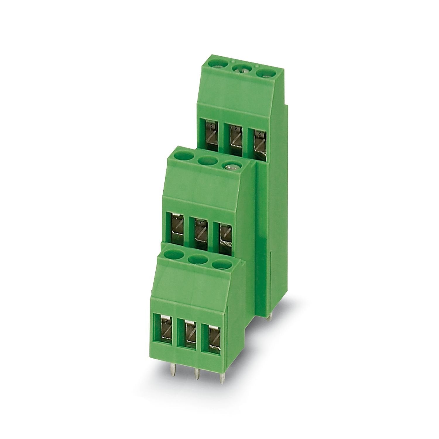 Printed circuit board terminal, nominal current: 17.5 A, rated voltage (III/2): 400 V, nominal cross section: 2.5 mm 2 , number of potentials: 9, number of rows: 3, number of positions per row: 3, product range: MK3DS 3, pitch: 5.08 mm, connection method: Screw connection with tension sleeve, screw head form: L Slotted, mounting: Wave soldering, conductor/PCB connection direction: 0 °, color: green, Pin layout: Linear pinning, Solder pin [P]: 5 mm, number of solder pins per potential: 1, type of packaging: 