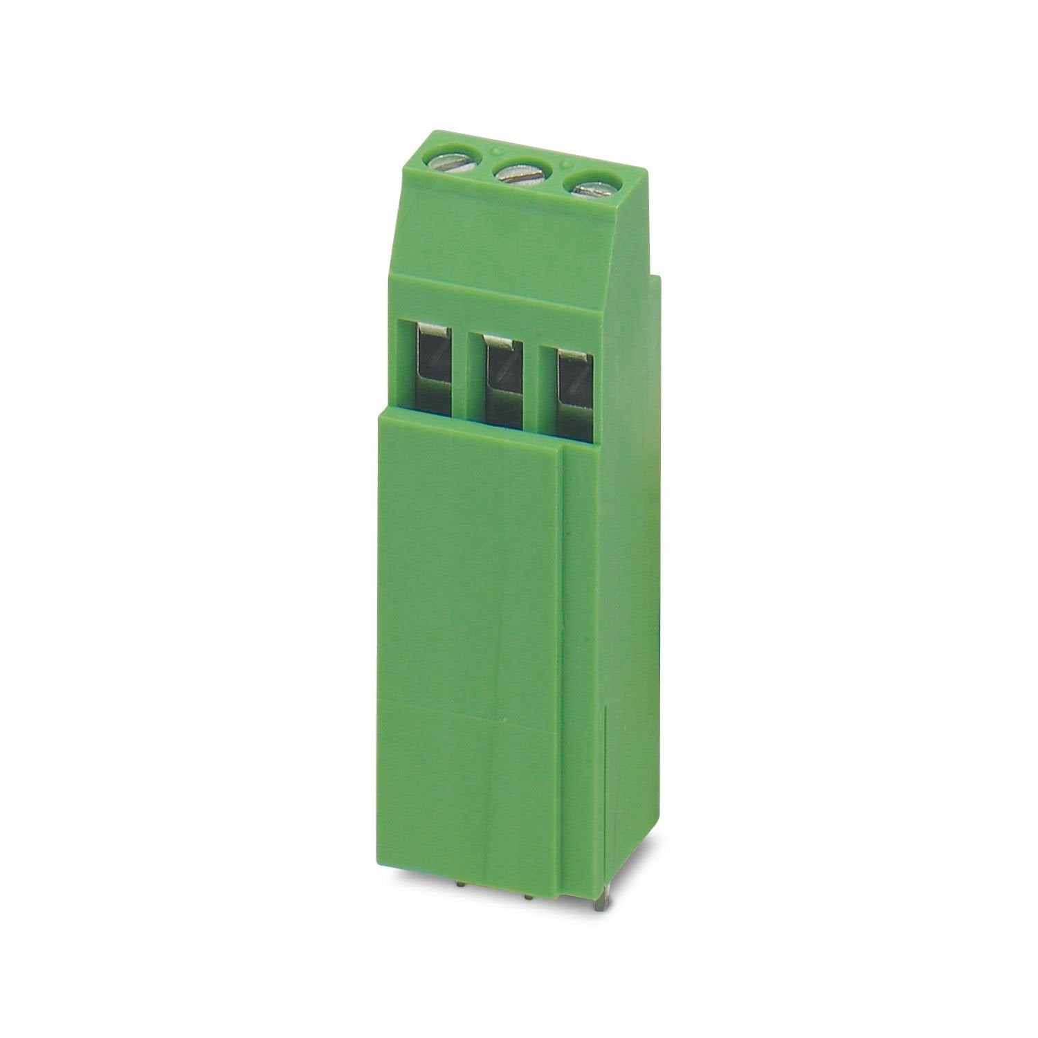 Printed circuit board terminal, nominal current: 24 A, rated voltage (III/2): 400 V, nominal cross section: 2.5 mm 2 , number of potentials: 3, number of rows: 1, number of positions per row: 3, product range: MK3DSH 3, pitch: 5.08 mm, connection method: Screw connection with tension sleeve, screw head form: L Slotted, mounting: Wave soldering, conductor/PCB connection direction: 0 °, color: green, Pin layout: Linear pinning, Solder pin [P]: 5 mm, number of solder pins per potential: 1, type of packaging: p