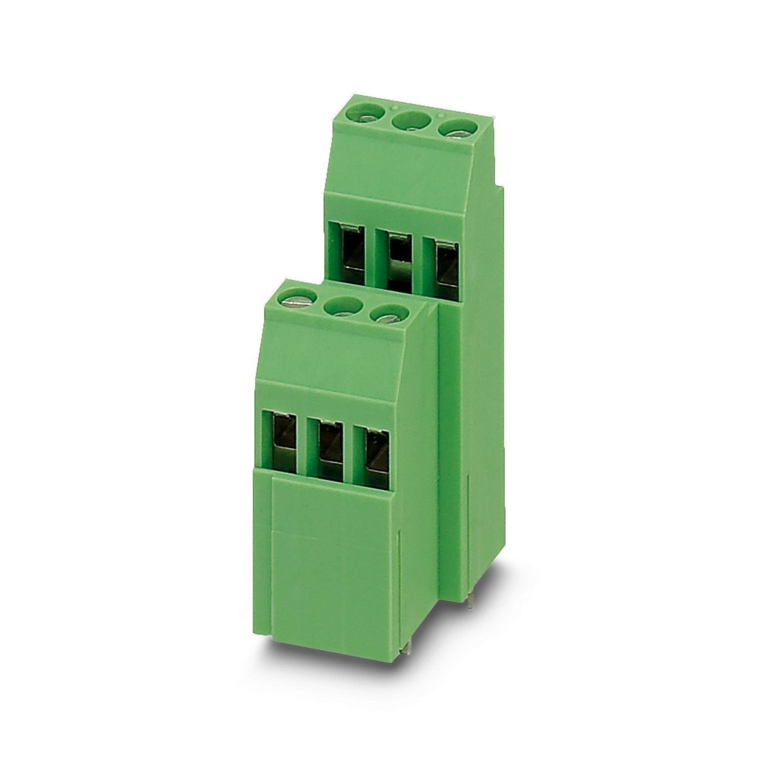 Printed circuit board terminal, nominal current: 22 A, rated voltage (III/2): 400 V, nominal cross section: 2.5 mm 2 , number of potentials: 6, number of rows: 2, number of positions per row: 3, product range: MK3DSMH 3, pitch: 5.08 mm, connection method: Screw connection with tension sleeve, screw head form: L Slotted, mounting: Wave soldering, conductor/PCB connection direction: 0 °, color: green, Pin layout: Linear pinning, Solder pin [P]: 5 mm, number of solder pins per potential: 1, type of packaging: 