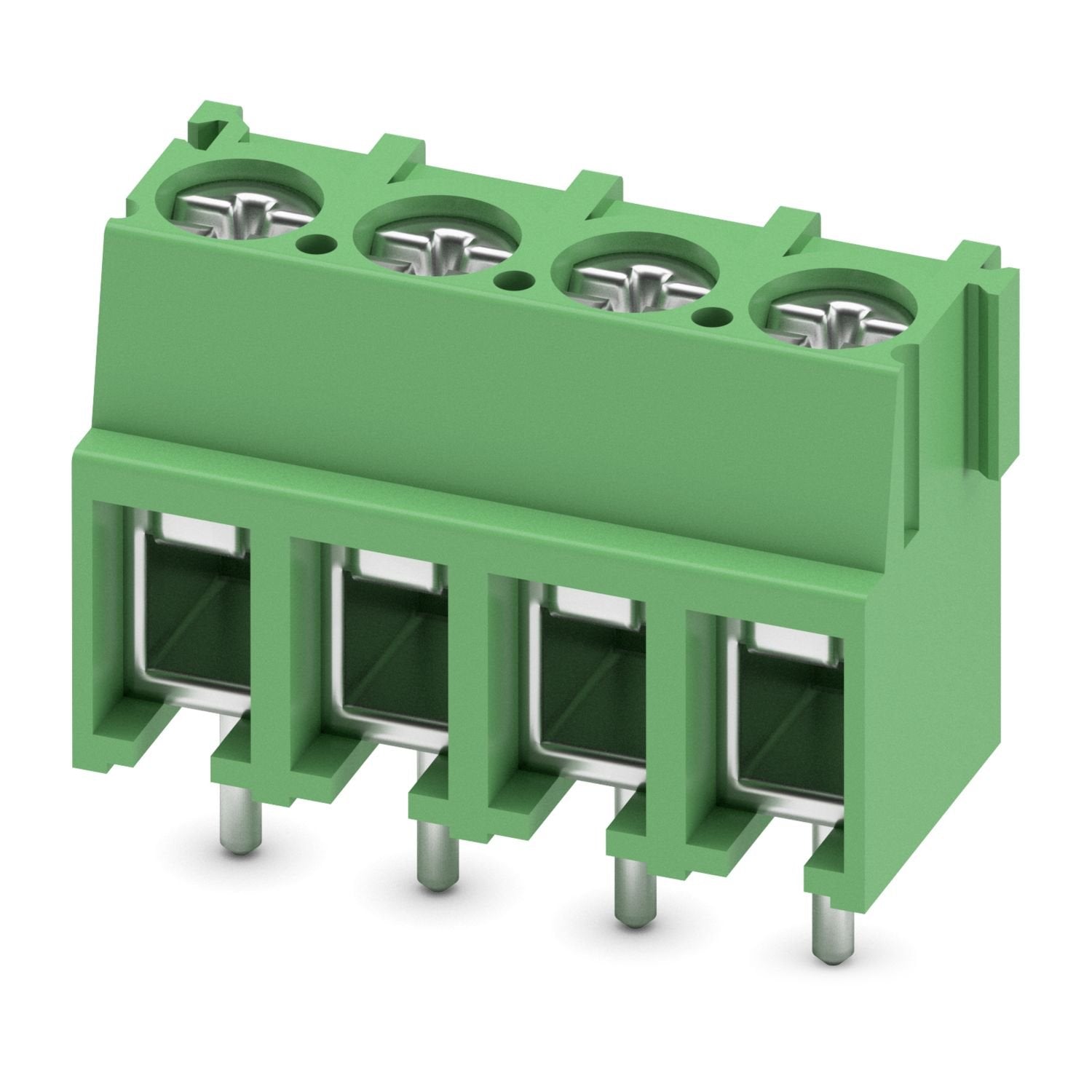 Printed circuit board terminal, nominal current: 32 A, rated voltage (III/2): 400 V, nominal cross section: 2.5 mm 2 , number of potentials: 4, number of rows: 1, number of positions per row: 4, product range: PT 2,5/..-H, pitch: 5 mm, connection method: Screw connection with wire protector, mounting: Wave soldering, conductor/PCB connection direction: 0 °, color: green, Pin layout: Linear pinning, Solder pin [P]: 4.1 mm, number of solder pins per potential: 1, type of packaging: packed in cardboard. When u