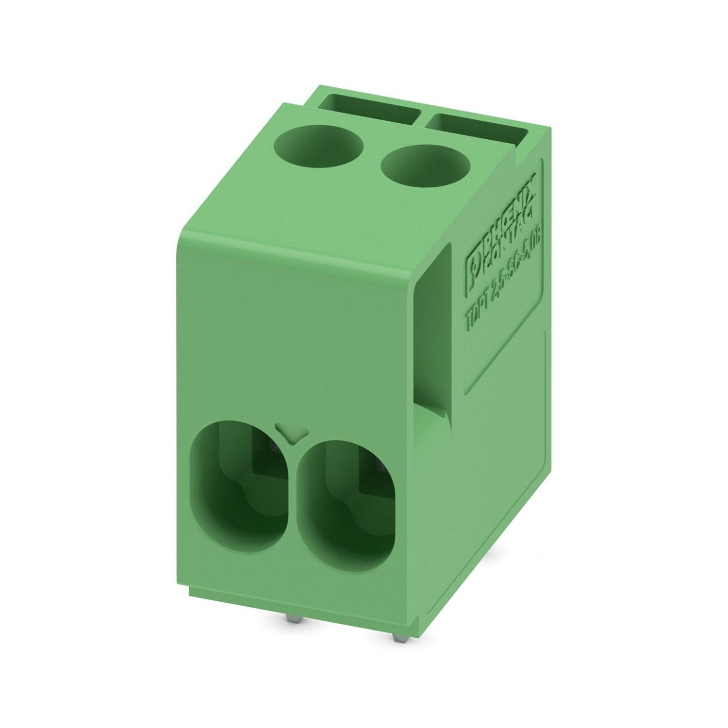 Printed circuit board terminal, nominal current: 24 A, rated voltage (III/2): 400 V, nominal cross section: 2.5 mm 2 , number of potentials: 2, number of rows: 1, number of positions per row: 2, product range: TDPT 2,5/..-SC, pitch: 5.08 mm, connection method: Screw connection with tension sleeve, screw head form: L Slotted, mounting: Wave soldering, conductor/PCB connection direction: 0 °, color: green, Pin layout: Linear pinning, Solder pin [P]: 3.5 mm, number of solder pins per potential: 2, type of pack