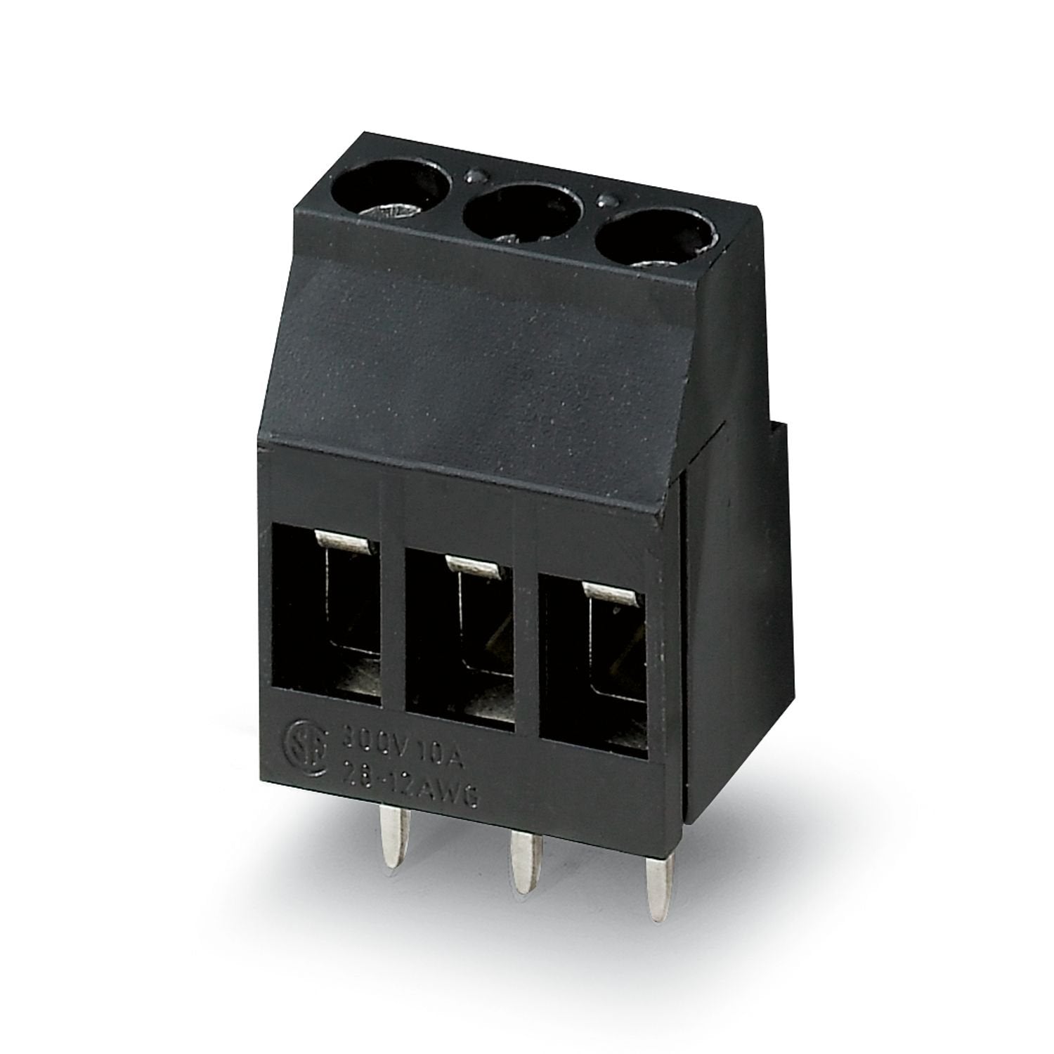 Printed circuit board terminal, nominal current: 24 A, rated voltage (III/2): 320 V, nominal cross section: 2.5 mm 2 , number of potentials: 3, number of rows: 1, number of positions per row: 3, product range: MKDS 3/..-HT, pitch: 5.08 mm, connection method: Screw connection with tension sleeve, screw head form: L Slotted, mounting: THR soldering / wave soldering, conductor/PCB connection direction: 0 °, color: black, Pin layout: Linear pinning, Solder pin [P]: 5 mm, number of solder pins per potential: 1, 
