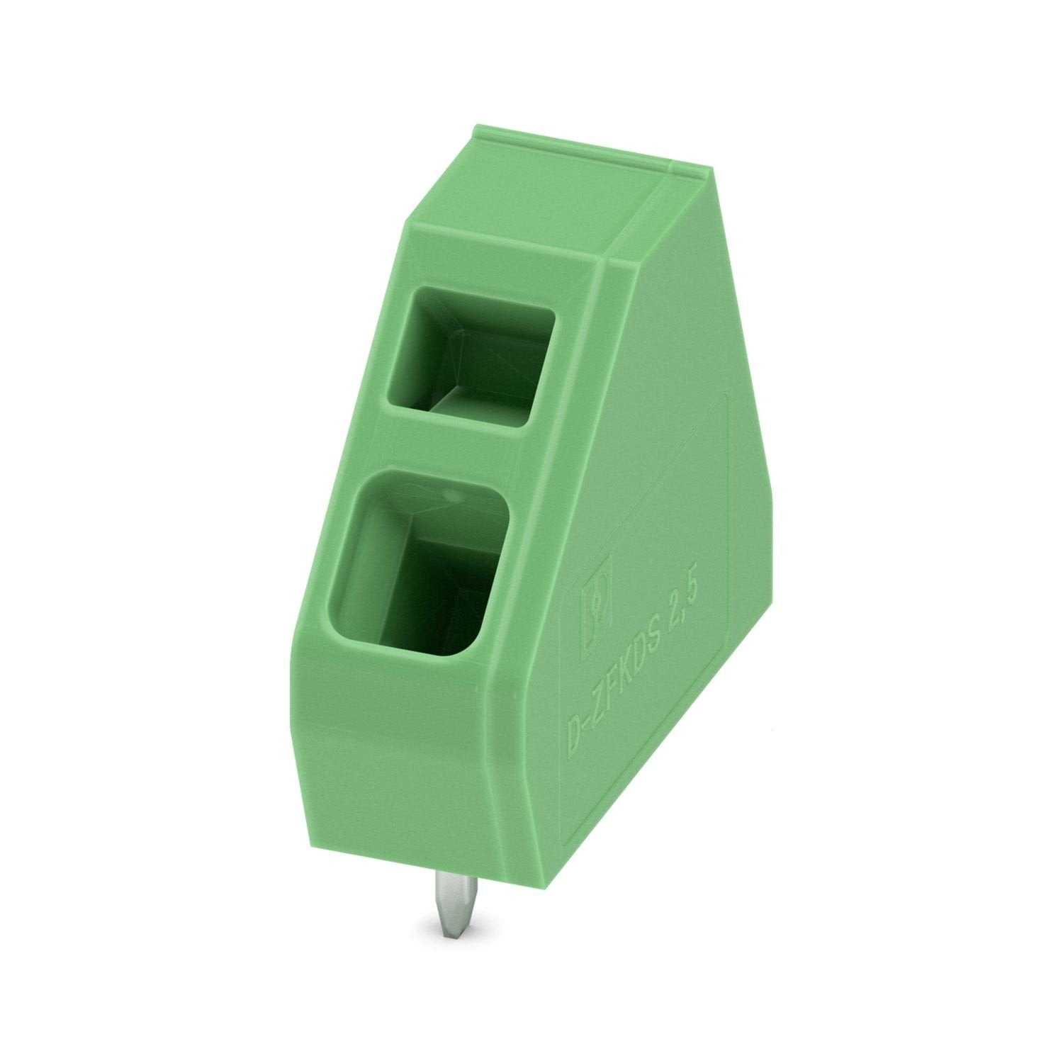 Printed circuit board terminal, nominal current: 24 A, rated voltage (III/2): 400 V, nominal cross section: 2.5 mm 2 , number of potentials: 1, number of rows: 1, number of positions per row: 1, product range: ZFKDS(A) 2,5, pitch: 5.08 mm, connection method: Spring-cage connection, mounting: Wave soldering, conductor/PCB connection direction: 45 °, color: green, Pin layout: Linear pinning, Solder pin [P]: 3.5 mm, number of solder pins per potential: 2, type of packaging: packed in cardboard. The article can