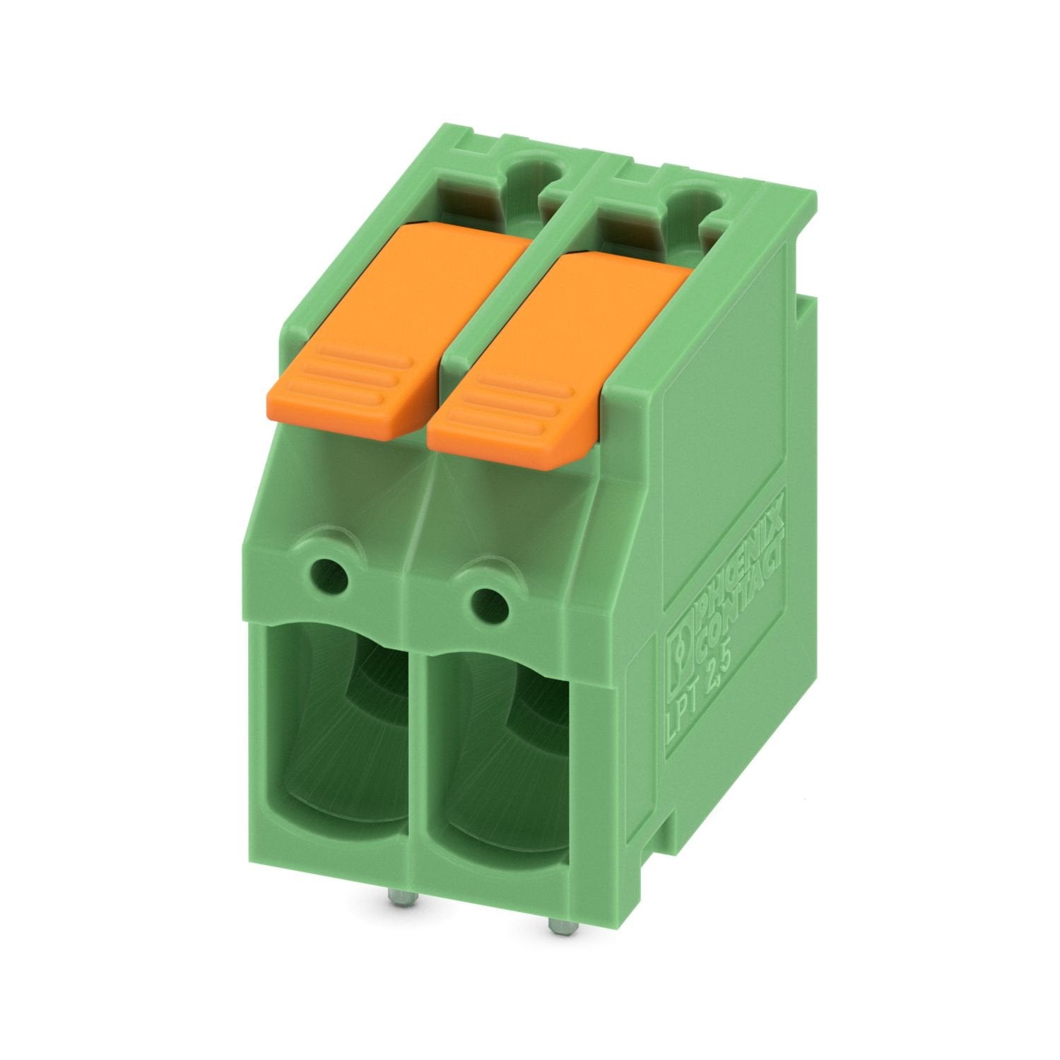 Printed circuit board terminal, nominal current: 24 A, rated voltage (III/2): 400 V, nominal cross section: 2.5 mm 2 , number of potentials: 2, number of rows: 1, number of positions per row: 2, product range: LPT 2,5/, pitch: 5 mm, connection method: Lever Push-in connection, mounting: Wave soldering, conductor/PCB connection direction: 0 °, color: green, Pin layout: Linear pinning, Solder pin [P]: 3.5 mm, type of packaging: packed in cardboard