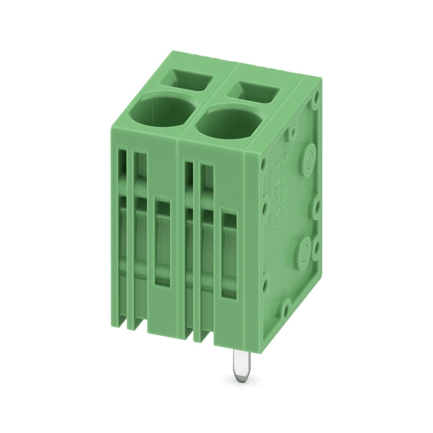 Printed circuit board terminal, nominal current: 41 A, rated voltage (III/2): 1000 V, nominal cross section: 6 mm 2 , number of potentials: 2, number of rows: 1, number of positions per row: 2, product range: SPT 5/..-V, pitch: 7.5 mm, connection method: Push-in spring connection, mounting: Wave soldering, conductor/PCB connection direction: 90 °, color: green, Pin layout: Zigzag pinning W, Solder pin [P]: 4.6 mm, number of solder pins per potential: 1, type of packaging: packed in cardboard