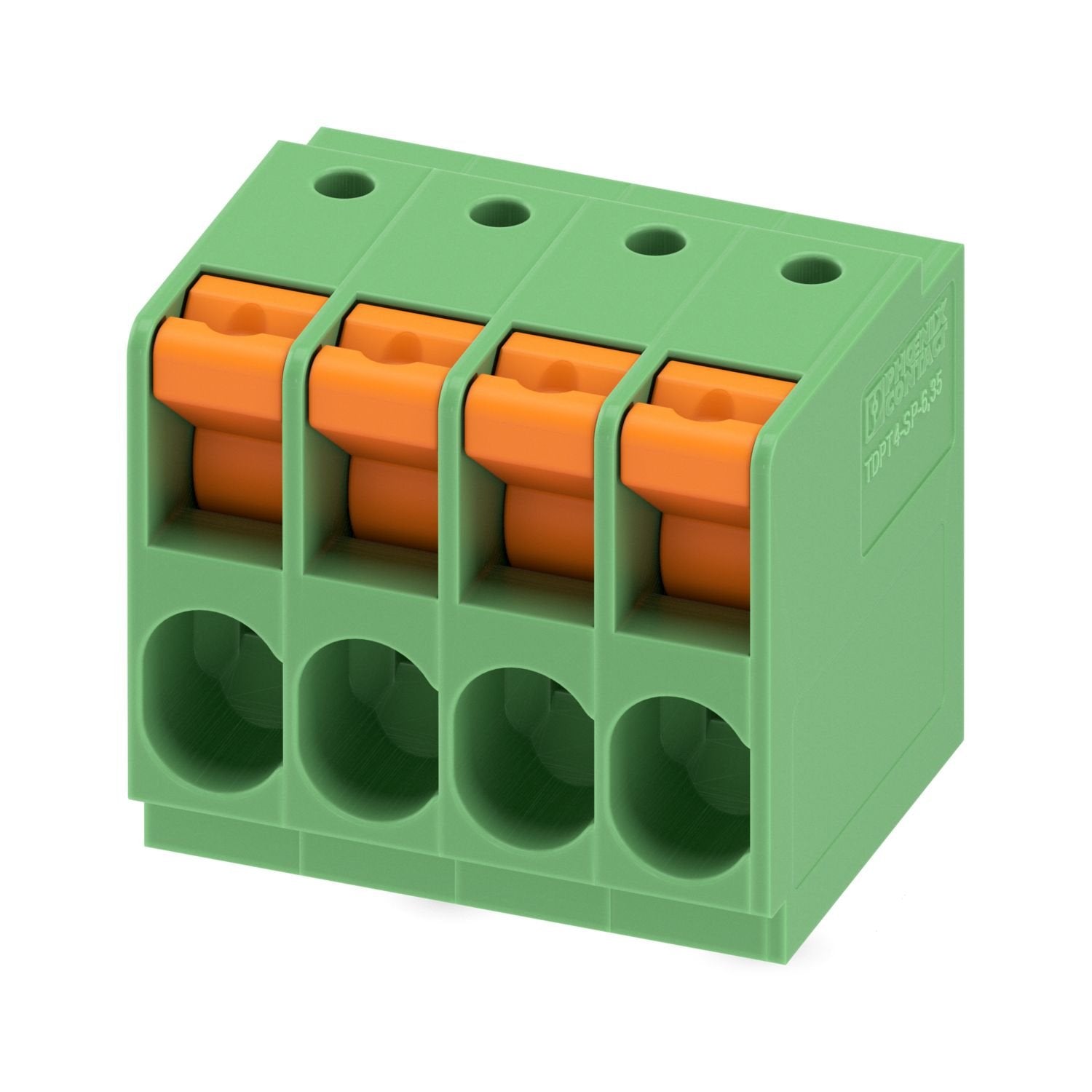 Printed circuit board terminal, nominal current: 41 A, rated voltage (III/2): 1000 V, nominal cross section: 4 mm 2 , number of potentials: 4, number of rows: 1, number of positions per row: 4, product range: TDPT 4/..-SP, pitch: 6.35 mm, connection method: Push-in spring connection, mounting: Wave soldering, conductor/PCB connection direction: 0 °, color: green, Pin layout: Zigzag pinning W, Solder pin [P]: 3.5 mm, number of solder pins per potential: 1, type of packaging: packed in cardboard