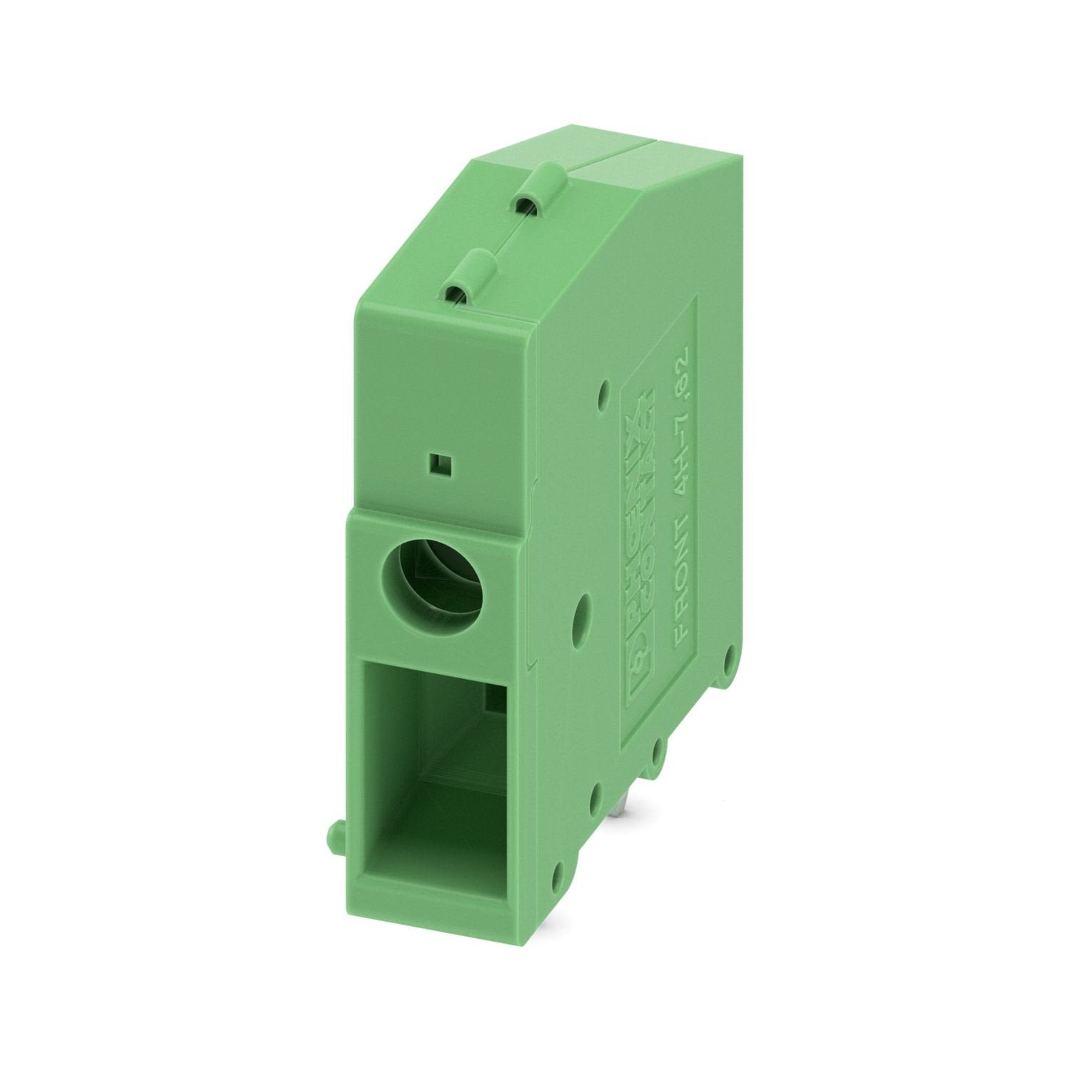 Printed circuit board terminal, nominal current: 32 A, rated voltage (III/2): 630 V, nominal cross section: 4 mm 2 , number of potentials: 1, number of rows: 1, number of positions per row: 1, product range: FRONT 4-H, pitch: 7.62 mm, connection method: Front screw connection, mounting: Wave soldering, conductor/PCB connection direction: 0 °, color: green, Pin layout: Linear pinning, Solder pin [P]: 5 mm, number of solder pins per potential: 2, type of packaging: packed in cardboard. The article can be alig