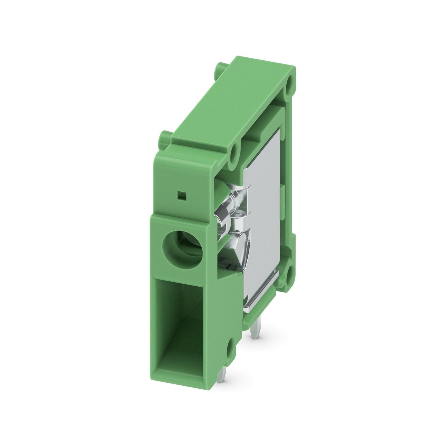 Printed circuit board terminal, nominal current: 32 A, rated voltage (III/2): 320 V, nominal cross section: 4 mm 2 , number of potentials: 1, number of rows: 1, number of positions per row: 1, product range: FRONT 4-H, pitch: 6.35 mm, connection method: Front screw connection, mounting: Wave soldering, conductor/PCB connection direction: 0 °, color: green, Pin layout: Linear pinning, Solder pin [P]: 5 mm, number of solder pins per potential: 2, type of packaging: packed in cardboard. The article can be alig