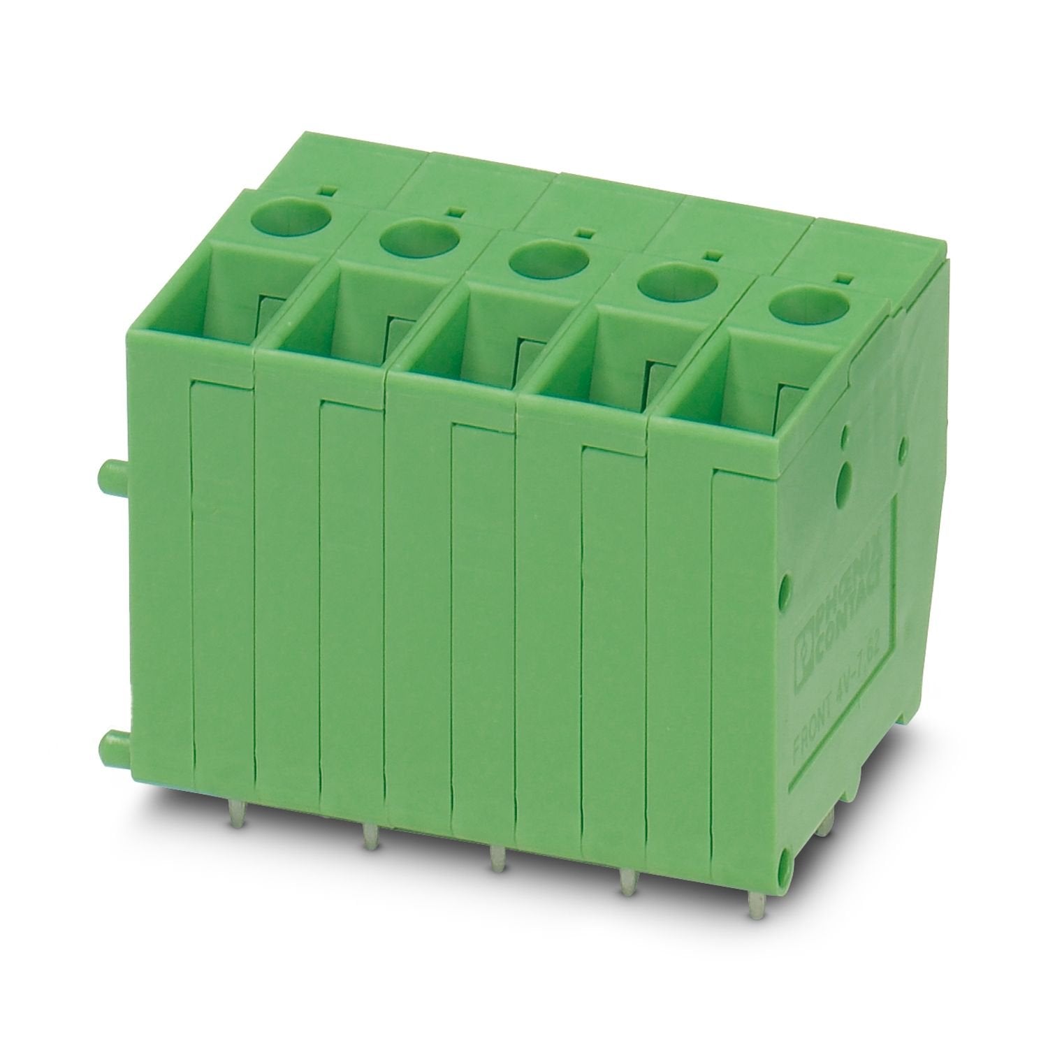 Printed circuit board terminal, nominal current: 32 A, rated voltage (III/2): 630 V, nominal cross section: 4 mm 2 , number of potentials: 1, number of rows: 1, number of positions per row: 1, product range: FRONT 4-V, pitch: 7.62 mm, connection method: Front screw connection, mounting: Wave soldering, conductor/PCB connection direction: 90 °, color: green, Pin layout: Linear pinning, Solder pin [P]: 5 mm, number of solder pins per potential: 2, type of packaging: packed in cardboard. The article can be ali