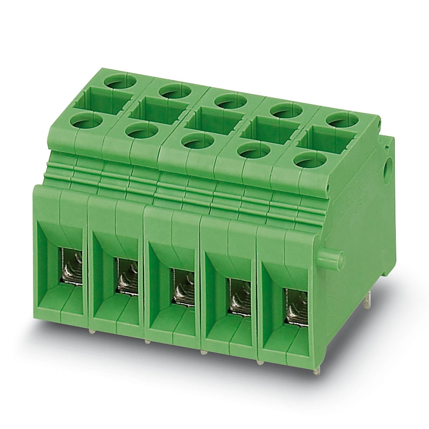 Printed circuit board terminal, nominal current: 76 A, rated voltage (III/2): 630 V, nominal cross section: 10 mm 2 , number of potentials: 1, number of rows: 1, number of positions per row: 1, product range: KDS 10, pitch: 10 mm, connection method: Screw connection with tension sleeve, screw head form: L Slotted, mounting: Wave soldering, conductor/PCB connection direction: 0 °, color: green, Pin layout: Linear pinning, Solder pin [P]: 4.3 mm, number of solder pins per potential: 4, type of packaging: pack