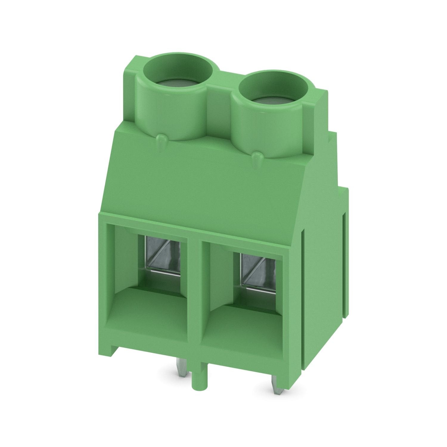 Printed circuit board terminal, nominal current: 32 A, rated voltage (III/2): 630 V, nominal cross section: 4 mm 2 , number of potentials: 2, number of rows: 1, number of positions per row: 2, product range: MKDSV 5, pitch: 7.62 mm, connection method: Screw connection with tension sleeve, screw head form: L Slotted, mounting: Wave soldering, conductor/PCB connection direction: 0 °, color: green, Pin layout: Linear pinning, Solder pin [P]: 5.1 mm, number of solder pins per potential: 1, type of packaging: pa