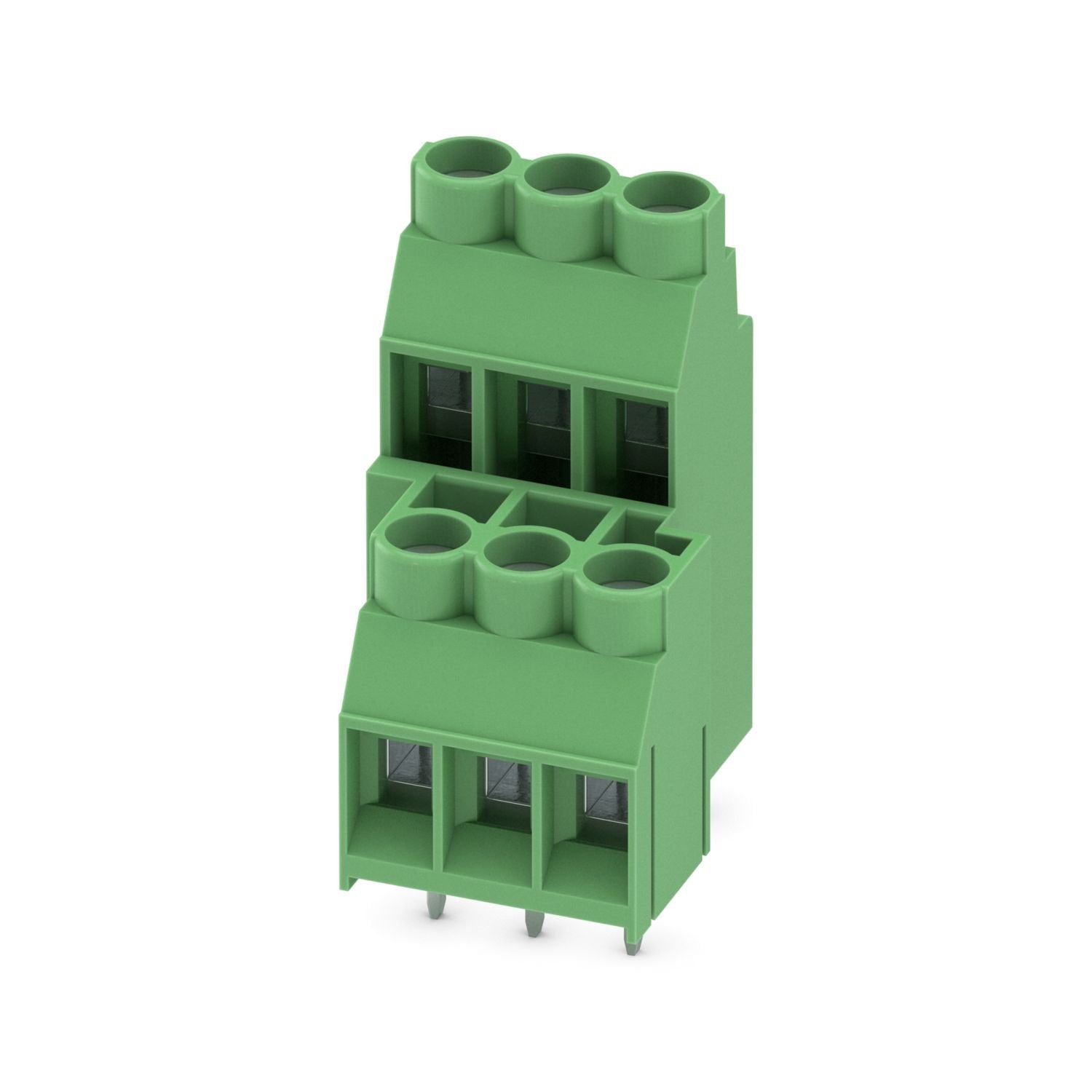 Printed circuit board terminal, nominal current: 41 A, rated voltage (III/2): 630 V, nominal cross section: 4 mm 2 , number of potentials: 6, number of rows: 2, number of positions per row: 3, product range: MKKDS 5, pitch: 6.35 mm, connection method: Screw connection with tension sleeve, screw head form: L Slotted, mounting: Wave soldering, conductor/PCB connection direction: 0 °, color: green, Pin layout: Linear pinning, Solder pin [P]: 5.2 mm, number of solder pins per potential: 1, type of packaging: pa