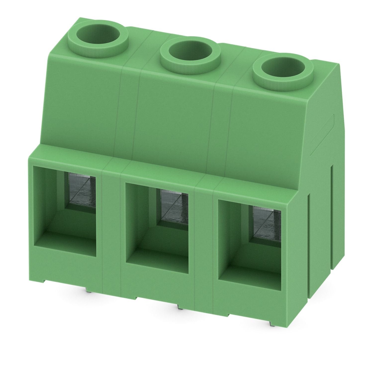 Printed circuit board terminal, nominal current: 76 A, rated voltage (III/2): 1000 V, nominal cross section: 16 mm 2 , number of potentials: 3, number of rows: 1, number of positions per row: 3, product range: MKDSP 10HV, pitch: 12.7 mm, connection method: Screw connection with tension sleeve, screw head form: L Slotted, mounting: Wave soldering, conductor/PCB connection direction: 0 °, color: green, Pin layout: Linear pinning, Solder pin [P]: 5 mm, number of solder pins per potential: 2, type of packaging: