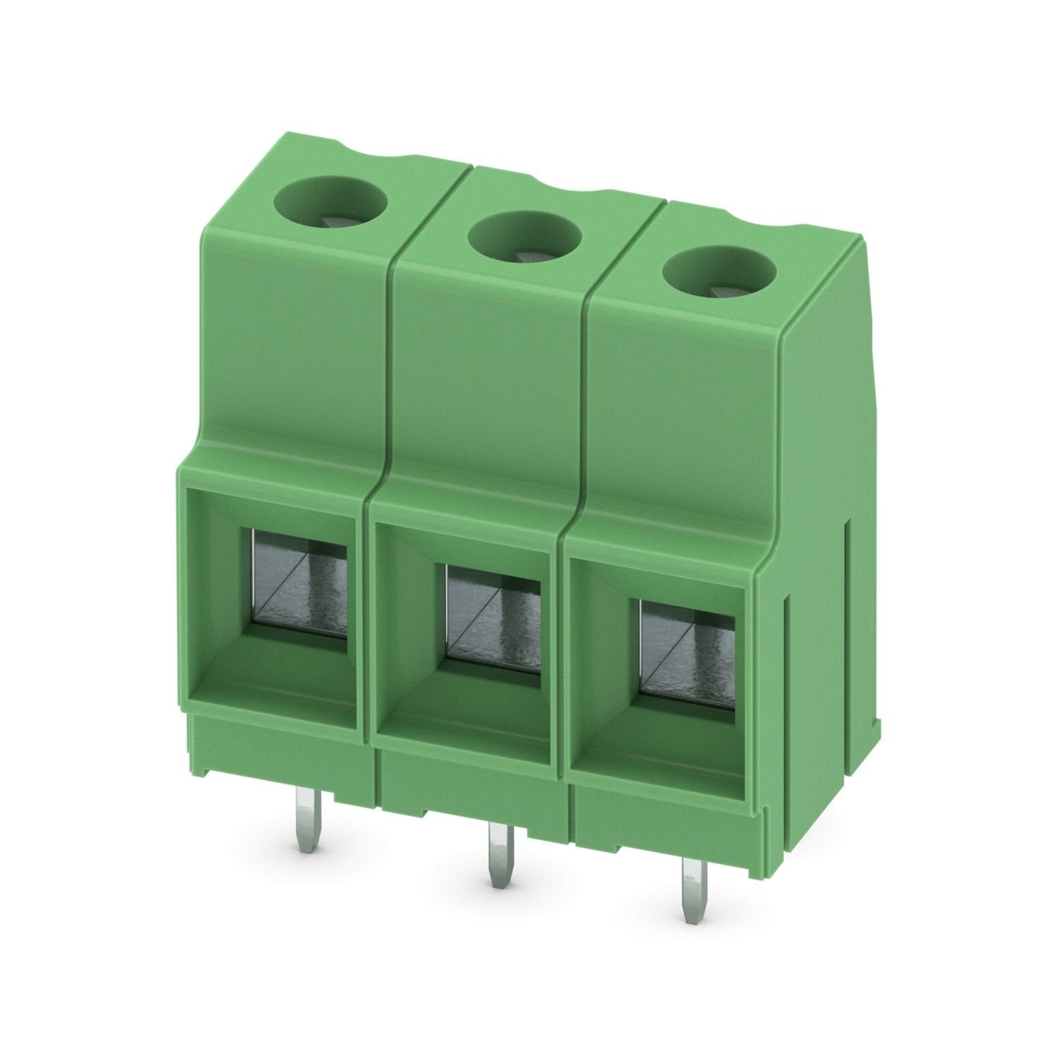 Printed circuit board terminal, nominal current: 76 A, rated voltage (III/2): 1000 V, nominal cross section: 16 mm 2 , number of potentials: 3, number of rows: 1, number of positions per row: 3, product range: MKDSP 10N, pitch: 10.16 mm, connection method: Screw connection with tension sleeve, screw head form: L Slotted, mounting: Wave soldering, conductor/PCB connection direction: 0 °, color: green, Pin layout: Linear pinning, Solder pin [P]: 5 mm, number of solder pins per potential: 2, type of packaging: