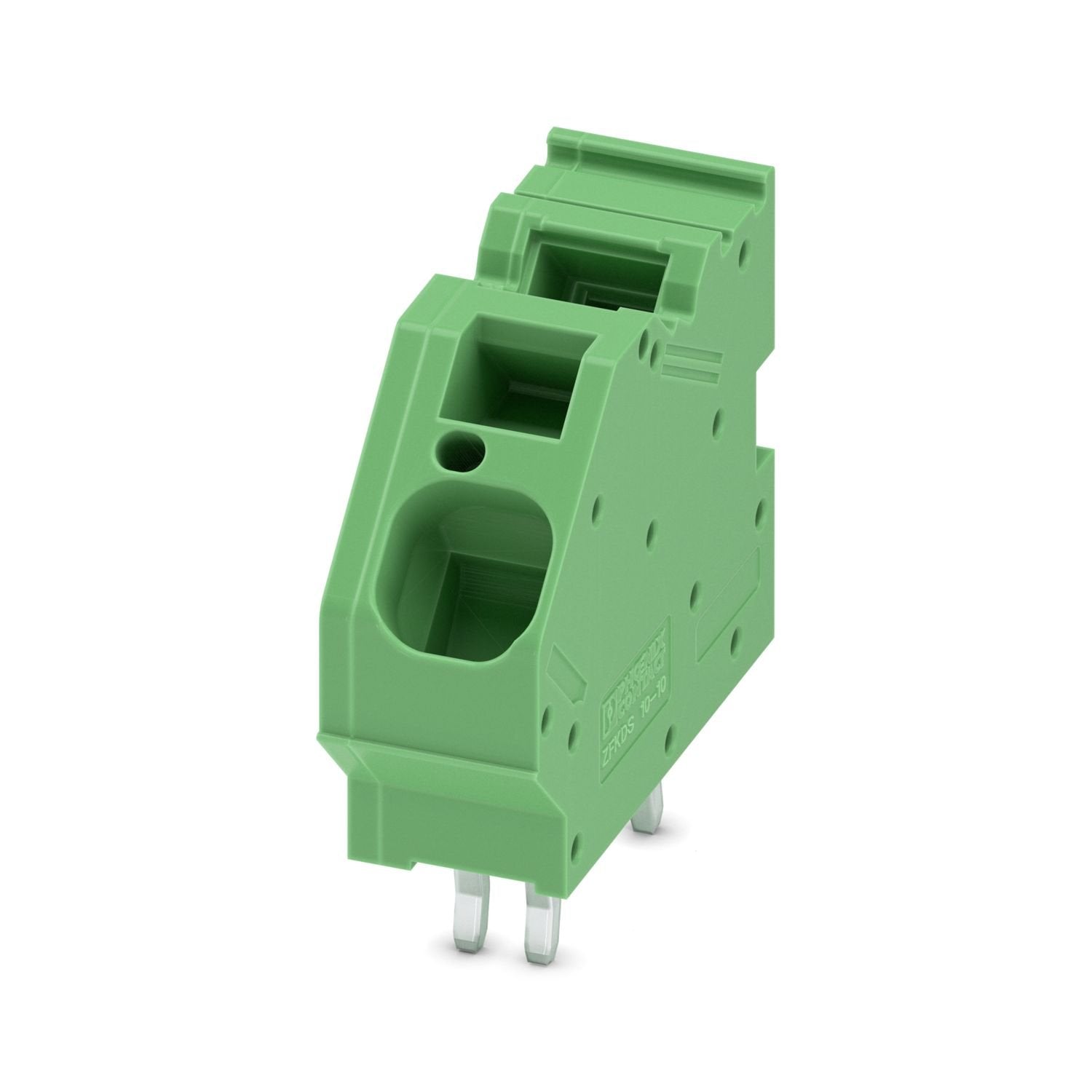 Printed circuit board terminal, nominal current: 76 A, rated voltage (III/2): 400 V, nominal cross section: 10 mm 2 , number of potentials: 1, number of rows: 1, number of positions per row: 1, product range: ZFKDS(A) 10, pitch: 10 mm, connection method: Spring-cage connection, mounting: Wave soldering, conductor/PCB connection direction: 45 °, color: green, Pin layout: Linear pinning, Solder pin [P]: 6.5 mm, number of solder pins per potential: 4, type of packaging: packed in cardboard. The article can be 
