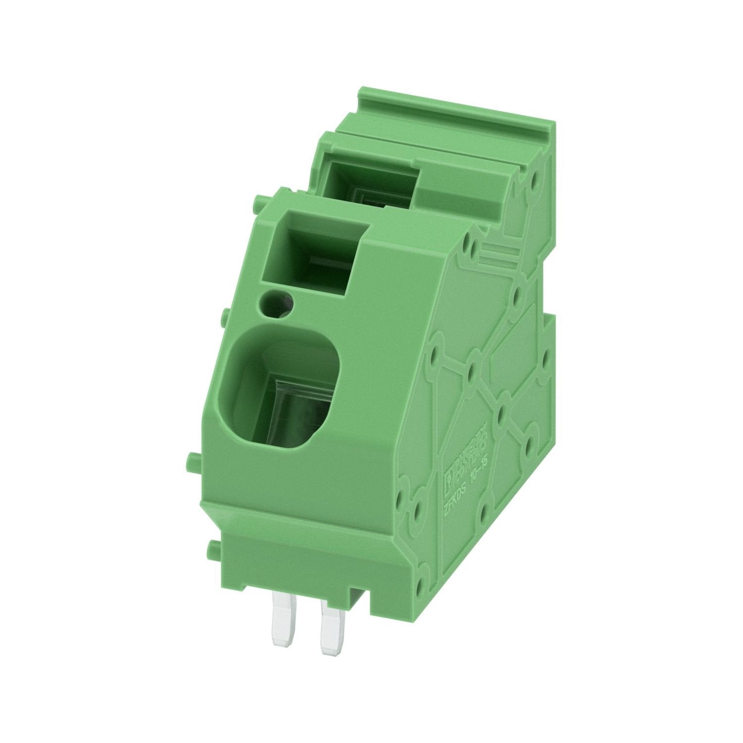 Printed circuit board terminal, nominal current: 76 A, rated voltage (III/2): 1000 V, nominal cross section: 10 mm 2 , number of potentials: 1, number of rows: 1, number of positions per row: 1, product range: ZFKDS(A) 10, pitch: 15 mm, connection method: Spring-cage connection, mounting: Wave soldering, conductor/PCB connection direction: 45 °, color: green, Pin layout: Linear pinning, Solder pin [P]: 6.5 mm, number of solder pins per potential: 4, type of packaging: packed in cardboard. The article can be