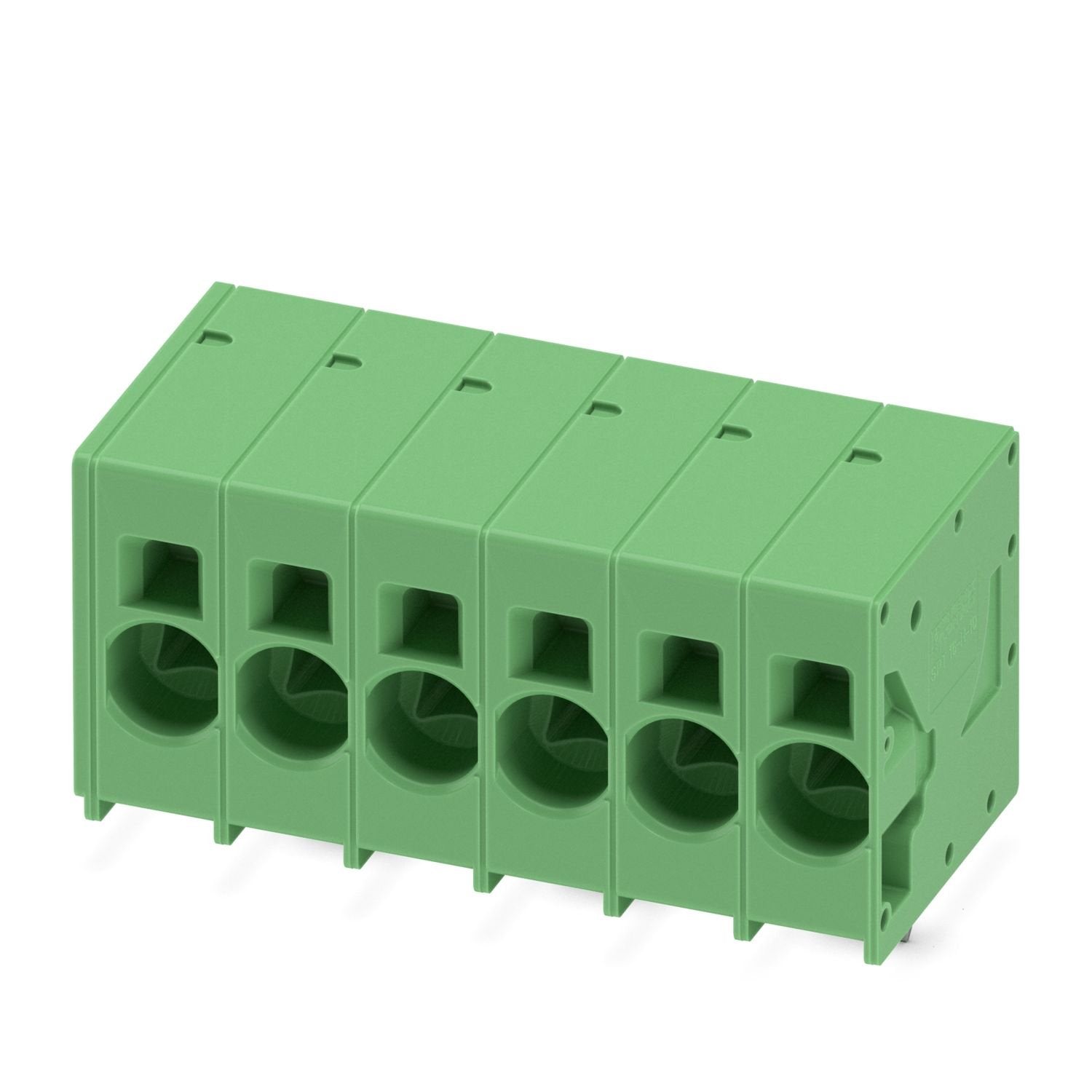 Printed circuit board terminal, nominal current: 76 A, rated voltage (III/2): 1000 V, nominal cross section: 16 mm 2 , number of potentials: 6, number of rows: 1, number of positions per row: 6, product range: SPT 16/..-H, pitch: 10 mm, connection method: Push-in spring connection, mounting: Wave soldering, conductor/PCB connection direction: 0 °, color: green, Pin layout: Zigzag pinning W, Solder pin [P]: 4 mm, number of solder pins per potential: 3, type of packaging: packed in cardboard